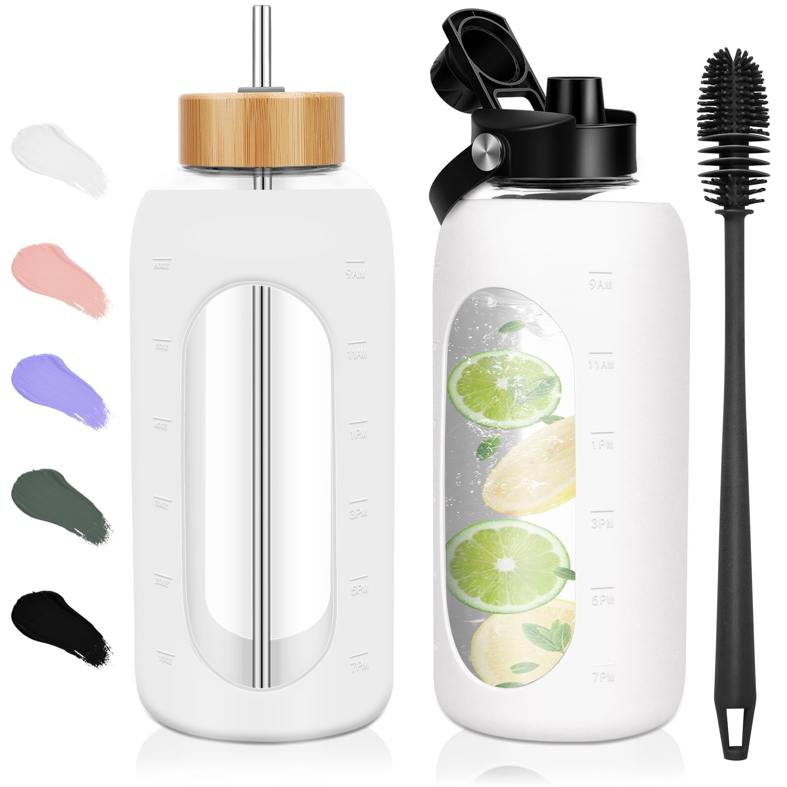 FULBEVY Glass Water Bottles 64 oz – Half Gallon Large 64 Ounces, White