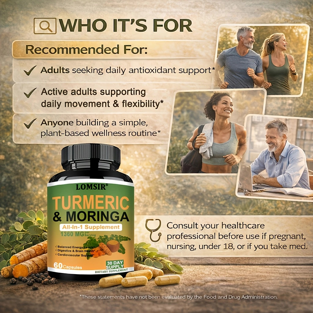 Moringa + Turmeric Curcumin Supplement for Gut Health, Energy – 60 Capsules