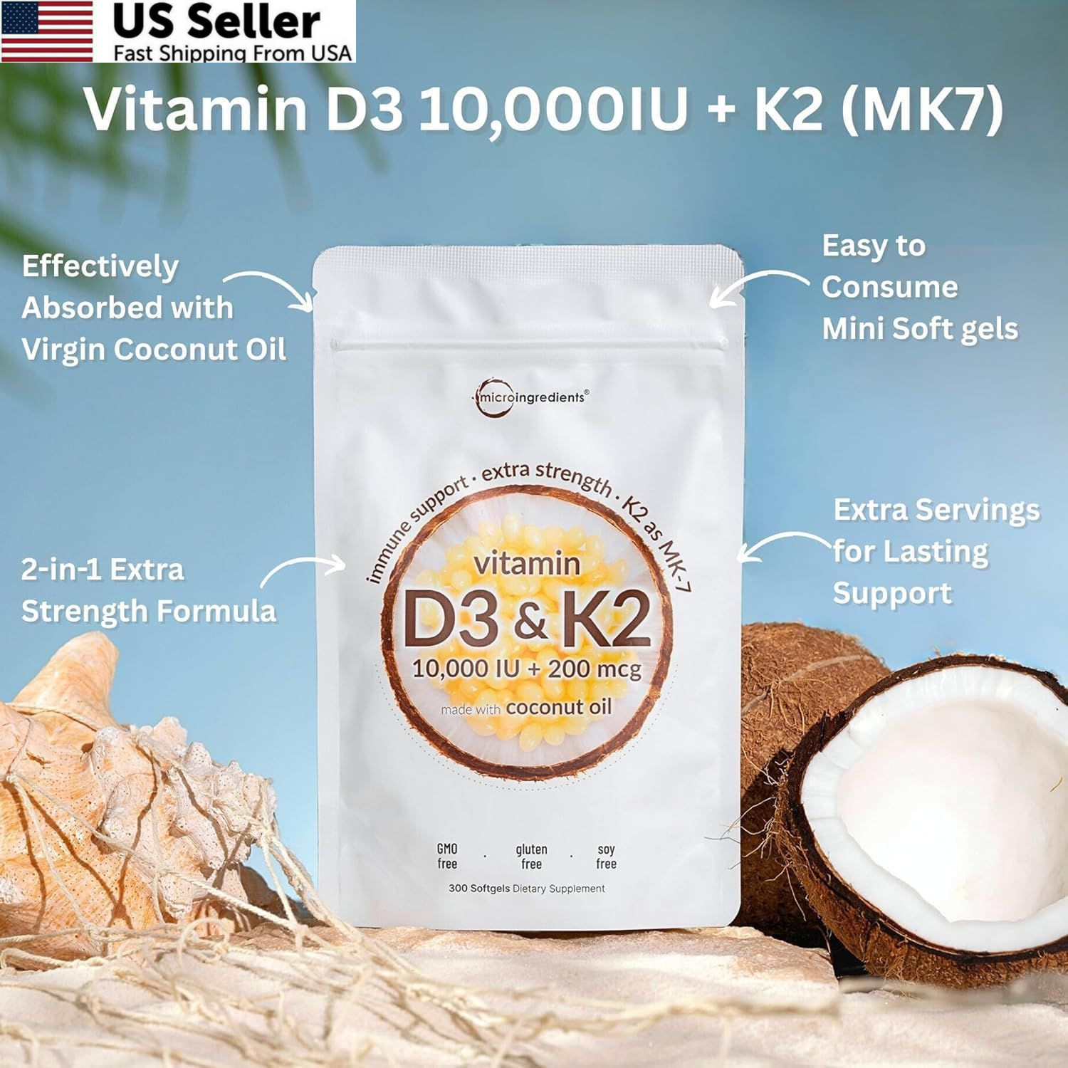 Micro Ingredients Vitamin D3 10,000 IU + K2 MK-7 200 300 Count (Pack of 1)