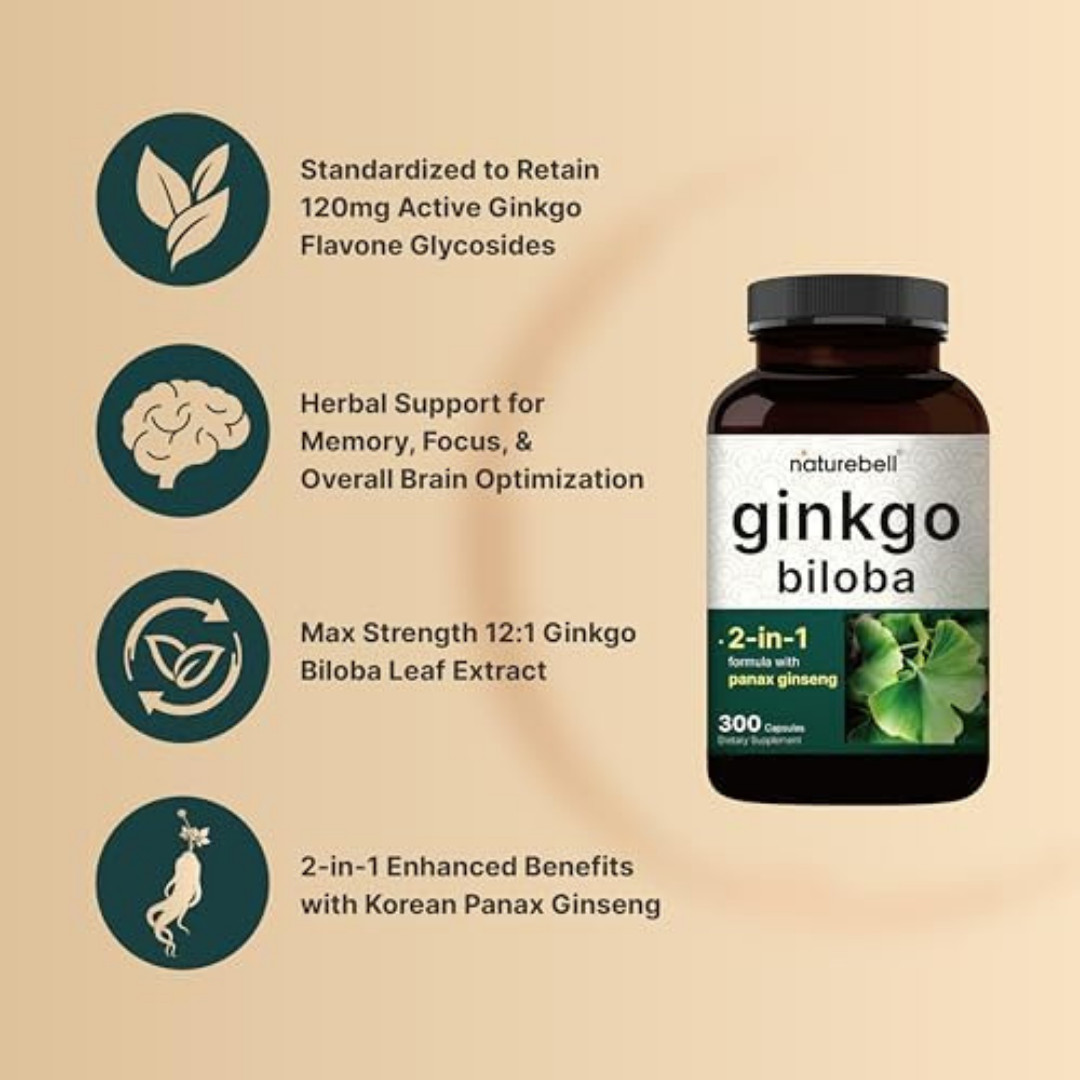 300 Caps Ginkgo Biloba 6000mg w/Red Panax Ginseng for Memory Focus Brain Health