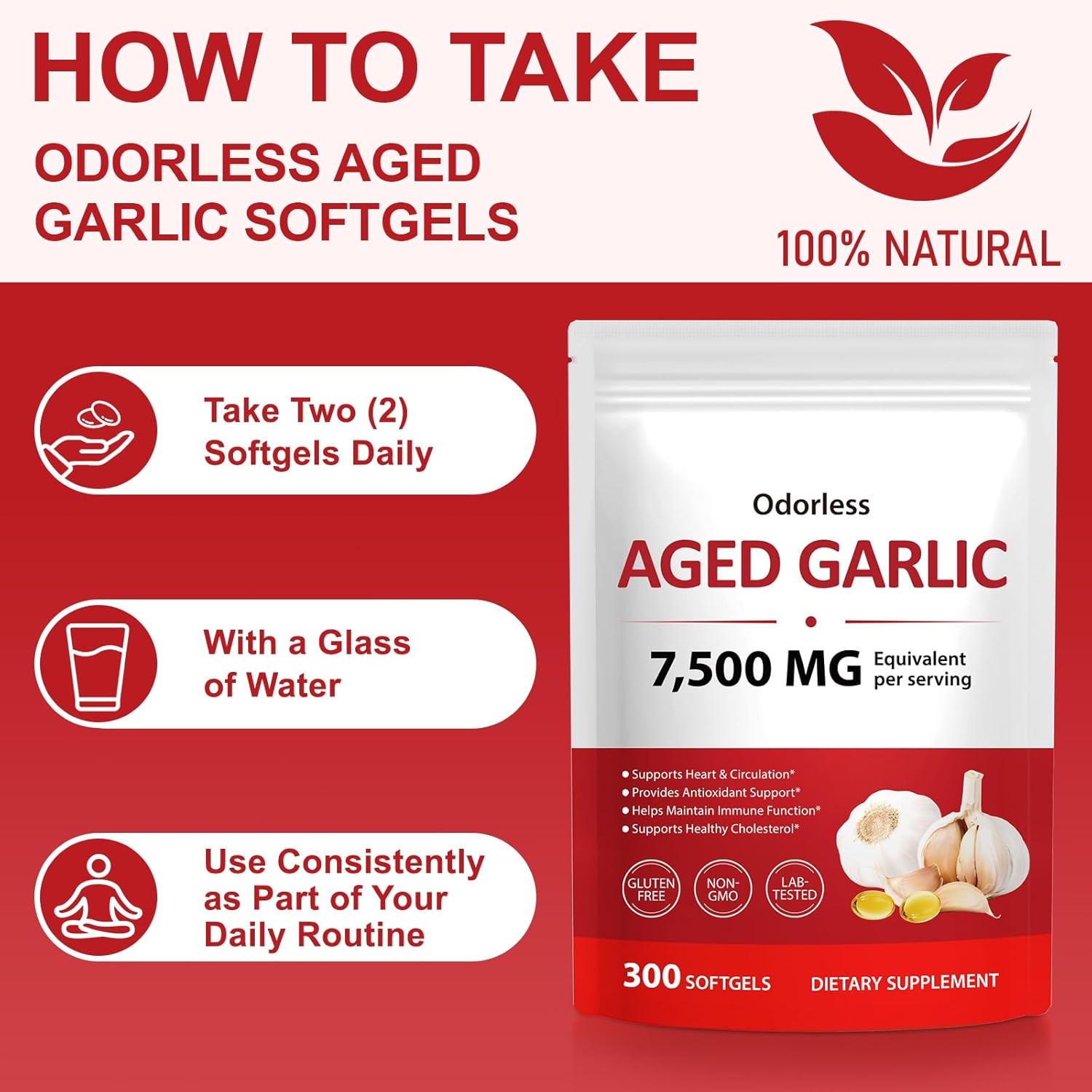 Odorless Garlic 7500mg Per Servings, 300 Softgels | 2 Years Aged Garlic Extra…