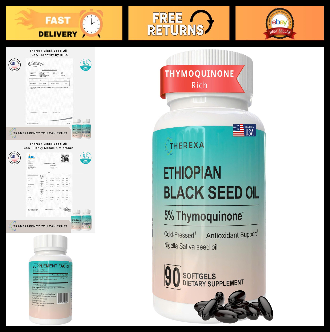 Pure Cold Pressed Black Seed Oil Softgels – 5% Thymoquinone, 500mg, 90 Count
