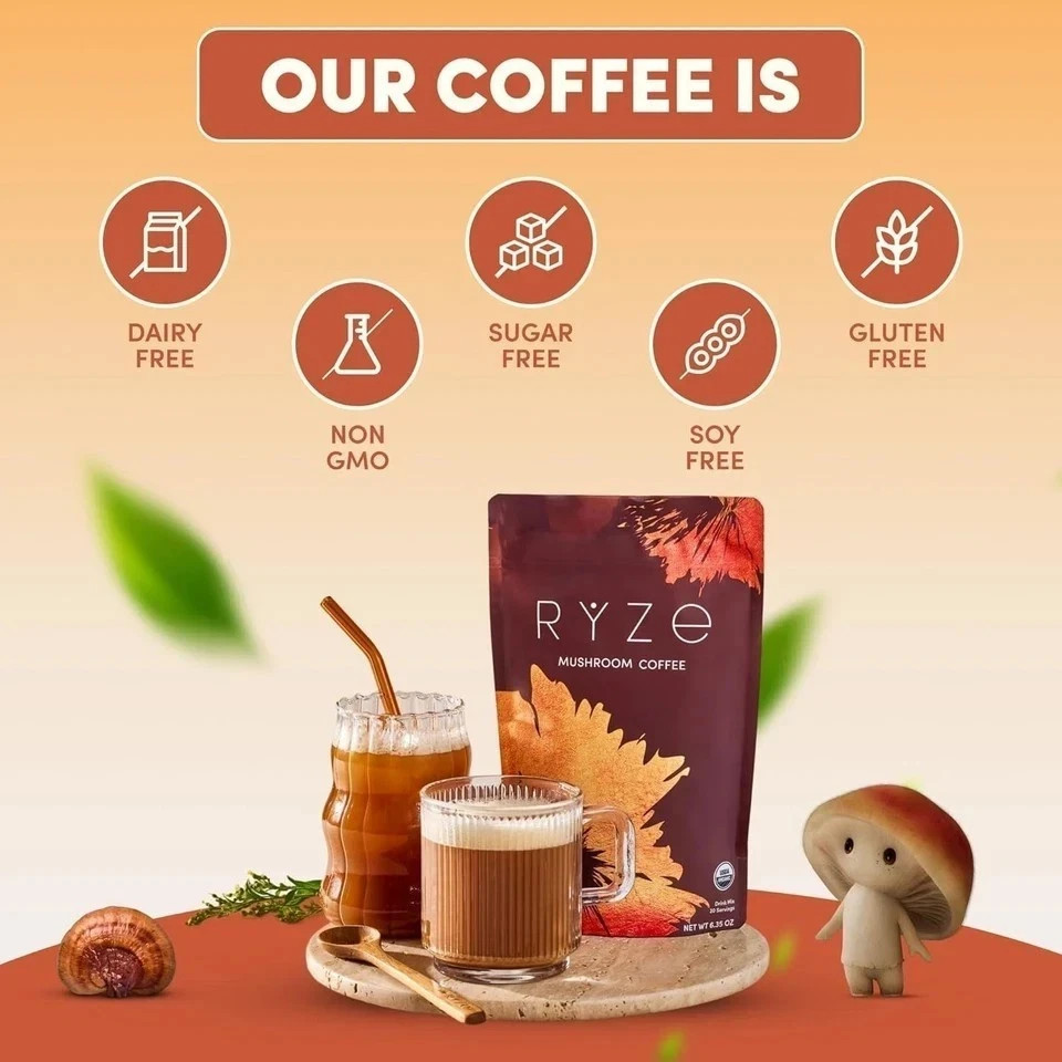 RYZE Mushroom Coffee USDA Organic with 6 Adaptogenic Mushrooms 30 servings New