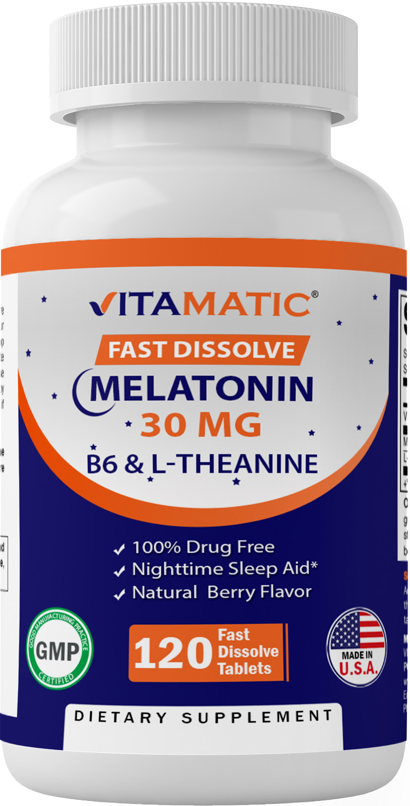 Vitamatic Melatonin 30mg – with B6 & L-Theanine – 120 Fast Dissolve Tablets with