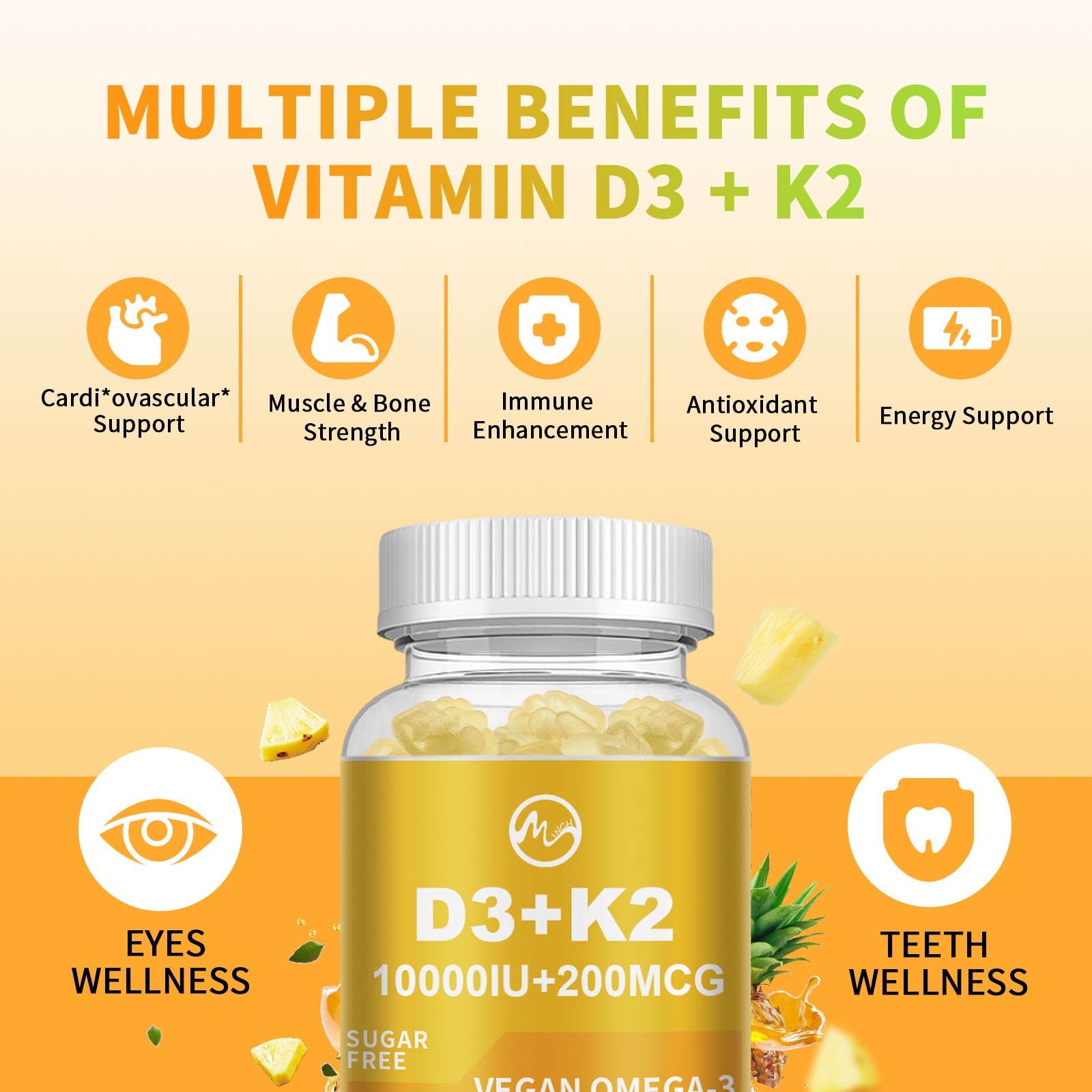 2xVitamin D3 K2 60Gummies, Vitamin D3 10000 IU Bone,Teeth,Muscle,Immune Health