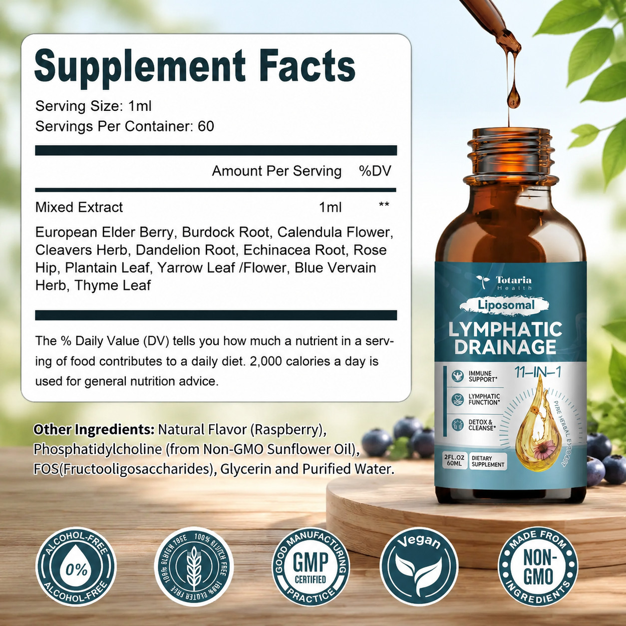 Totaria Liposomal Lymphatic Drainage Drops 11-in-1 Herbal Lymph Detox 60ml