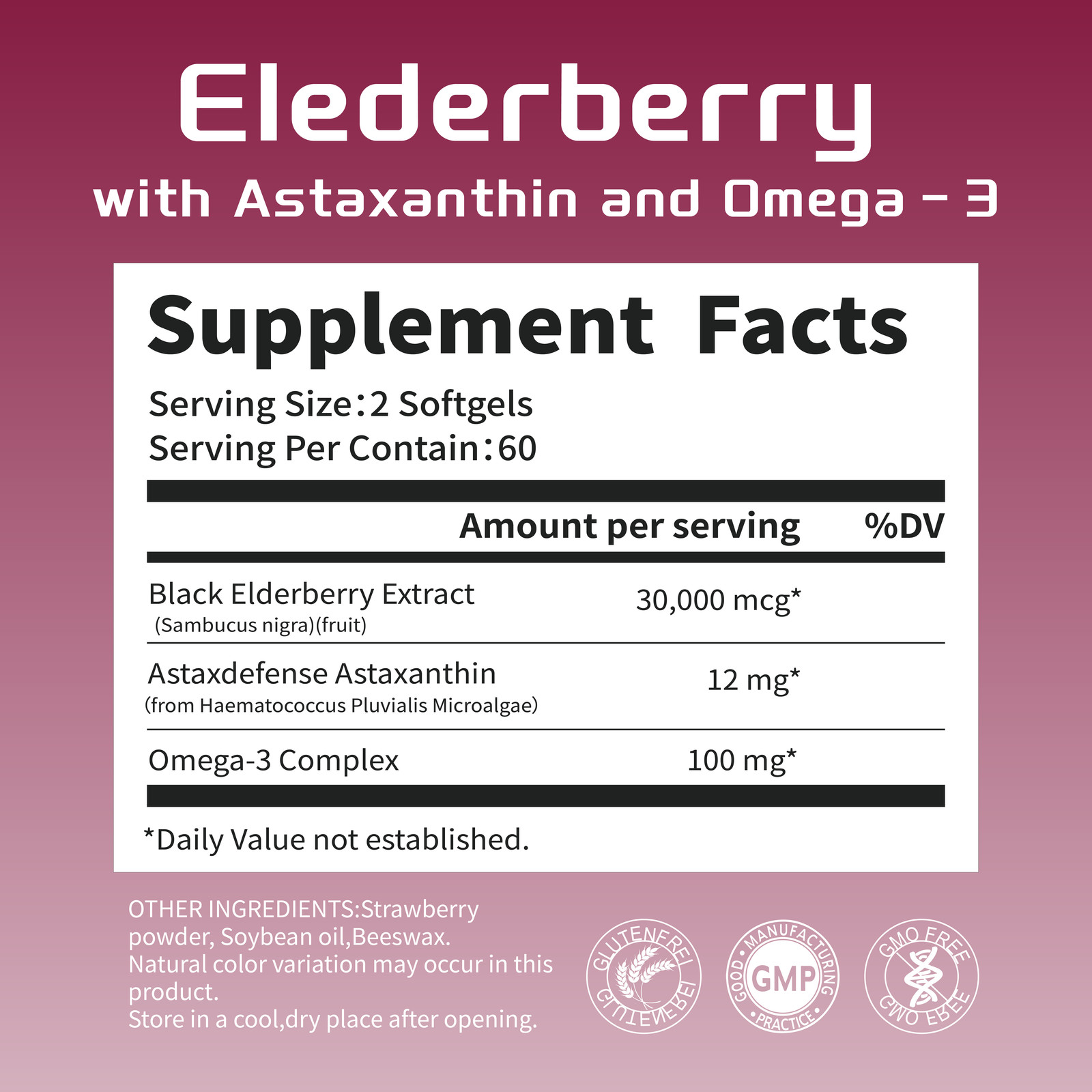 Astaxanthin with Sambucus Black Elderberry 30,000mcg Immune Support | 02/07/2027