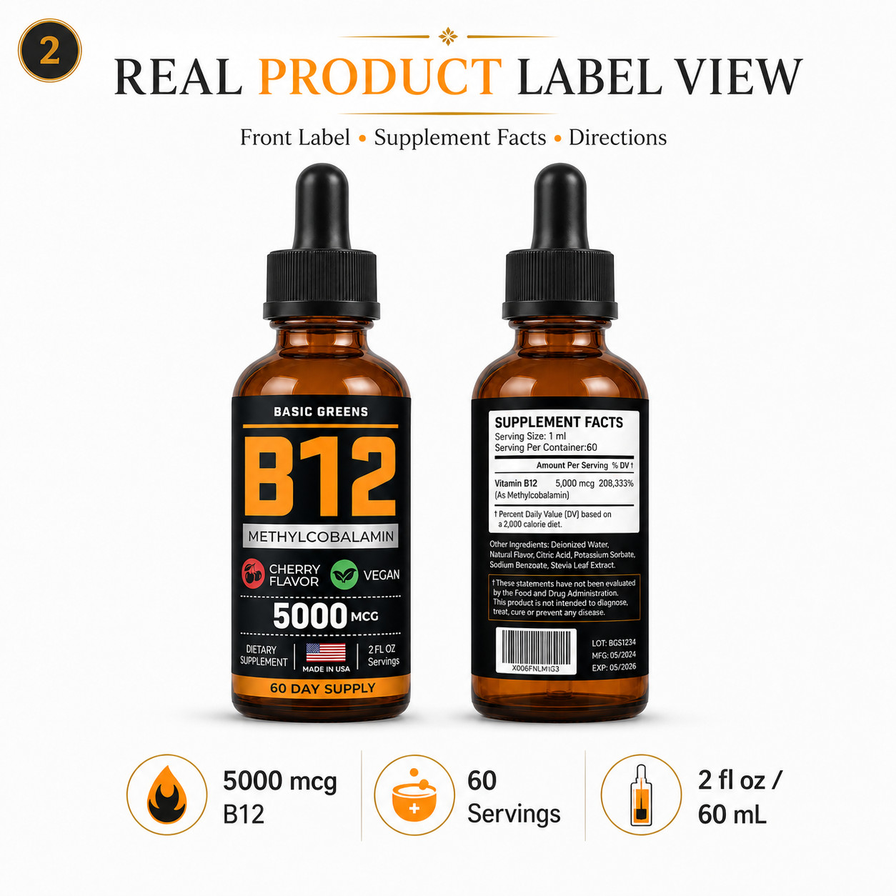 BASIC GREENS B12 Liquid Drops 5000mcg Sublingual Methylcobalamin Vegan 2oz