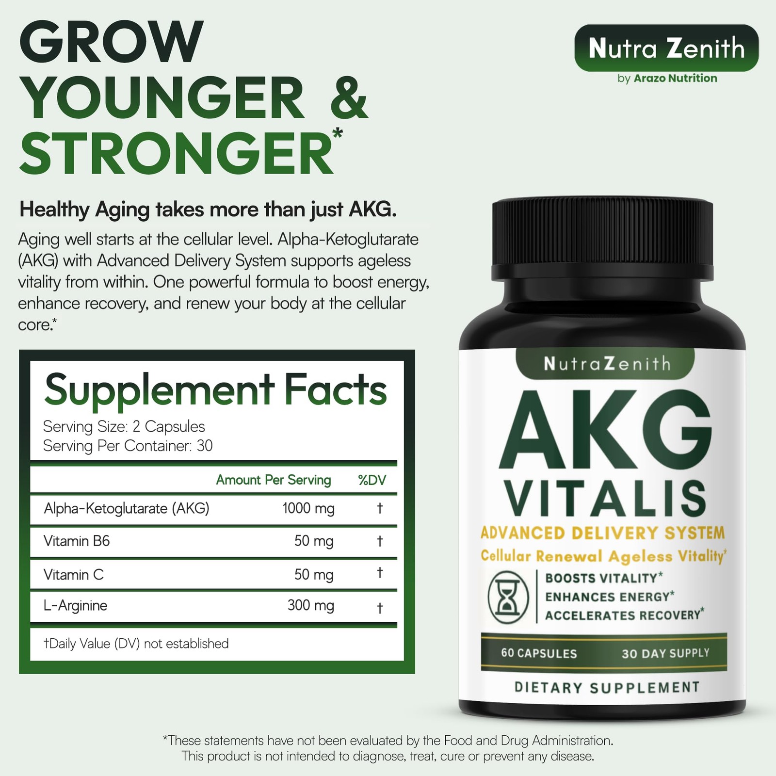 Arazo Nutrition Akg Anti-Aging Energy Boost Supplement Vitamin B6 Vitamin C