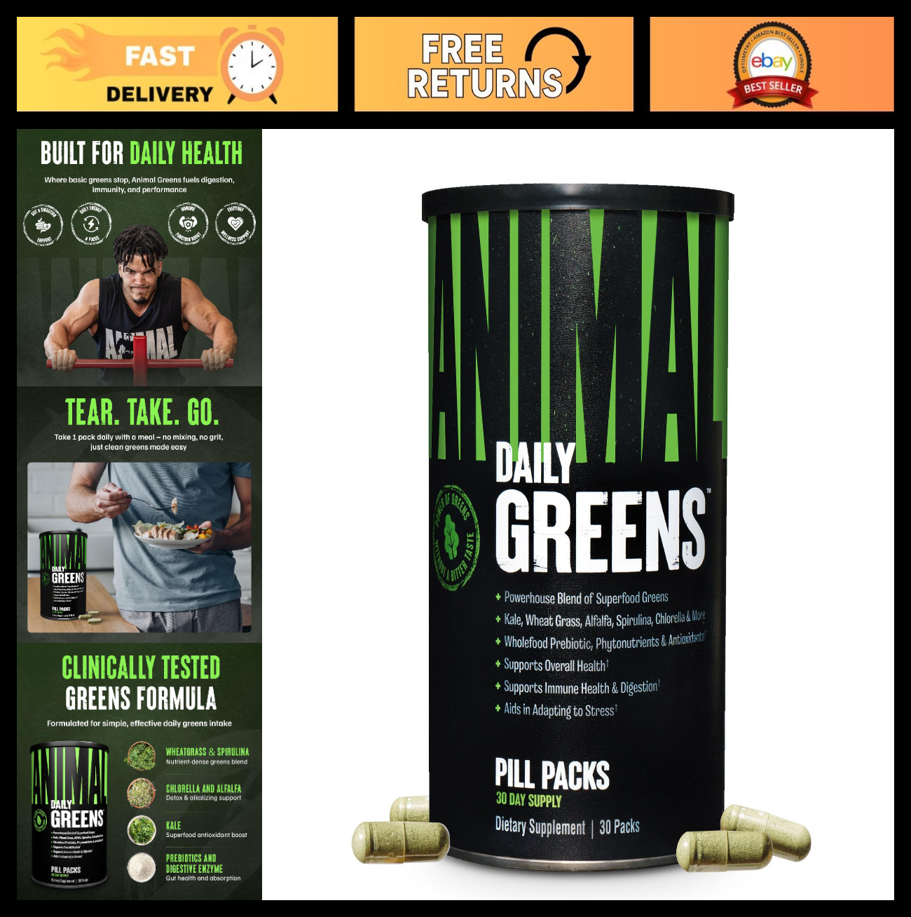 Daily Greens Superfood Pill Packs – Kale, Wheat Grass, Alfalfa & More – Prebioti