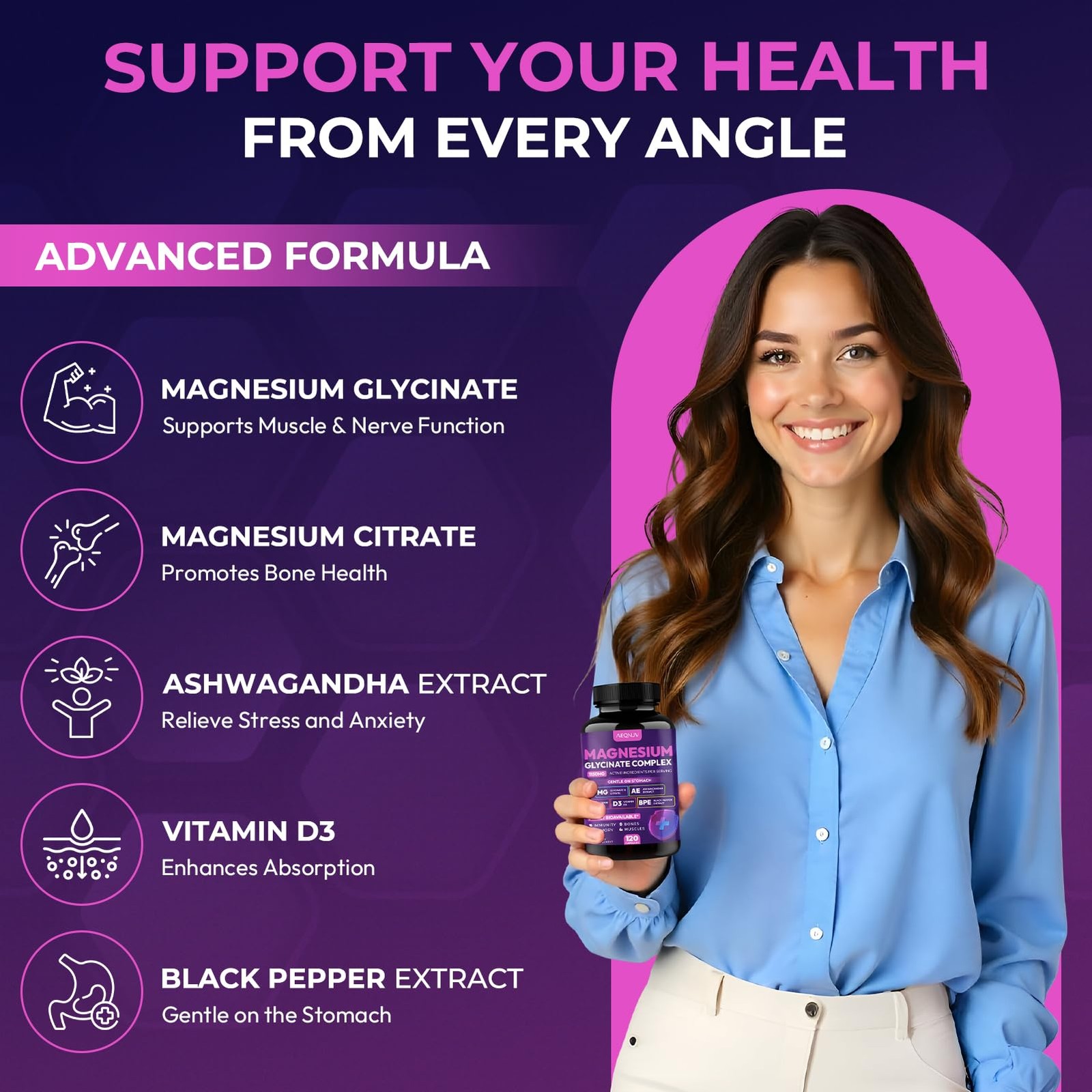Magnesium Glycinate Complex 1150mg – Gentle on Stomach 120 Count (Pack of 1)
