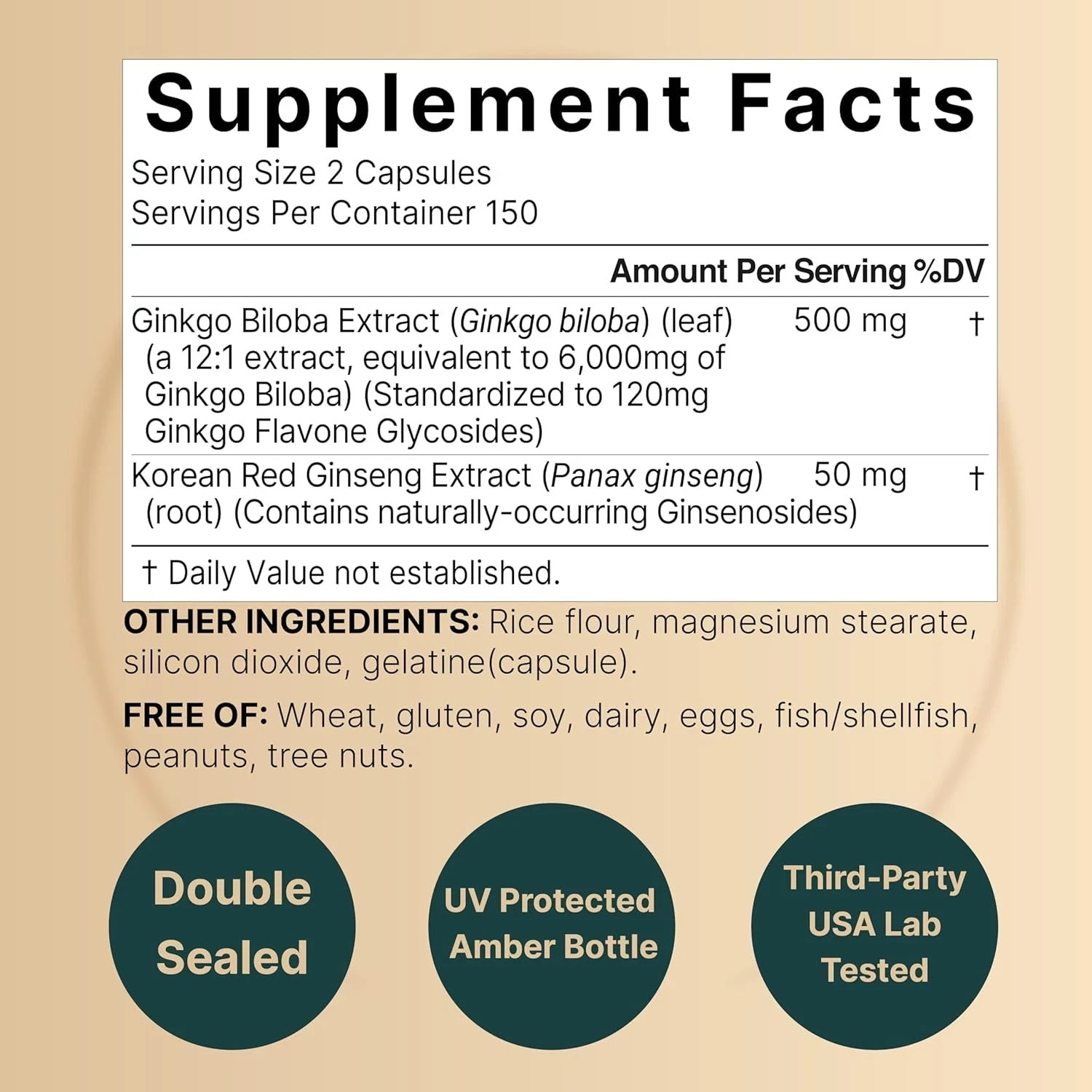 300 Caps Ginkgo Biloba 6000mg w/Red Panax Ginseng for Memory Focus Brain Health