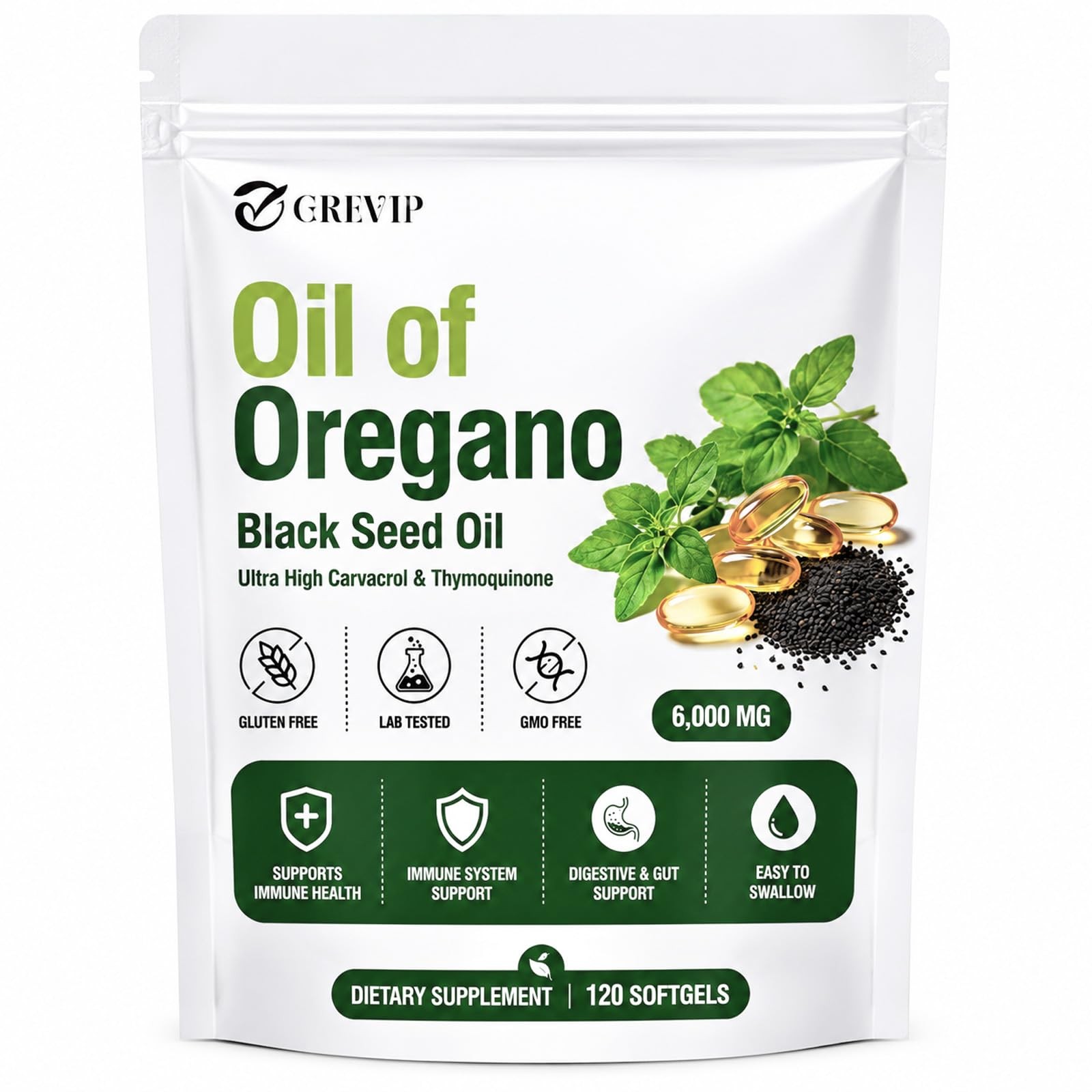 GREVIP Oil of Oregano Softgels with Black Seed Oil, 2 in 1 Count (Pack 1)