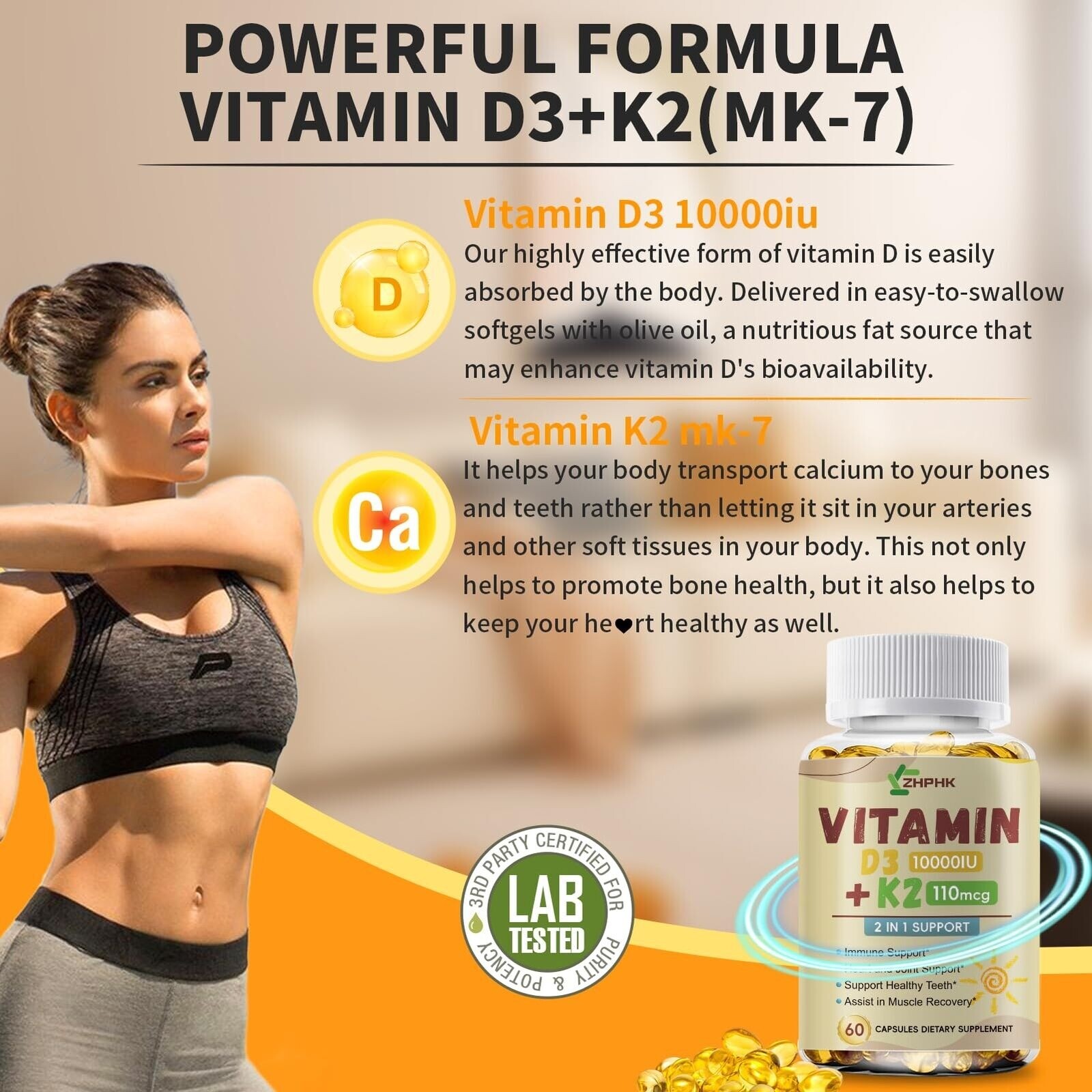 Powerful Vitamin D3 K2 Capsules Extra Strength Supplements with 10000 IU Softgel