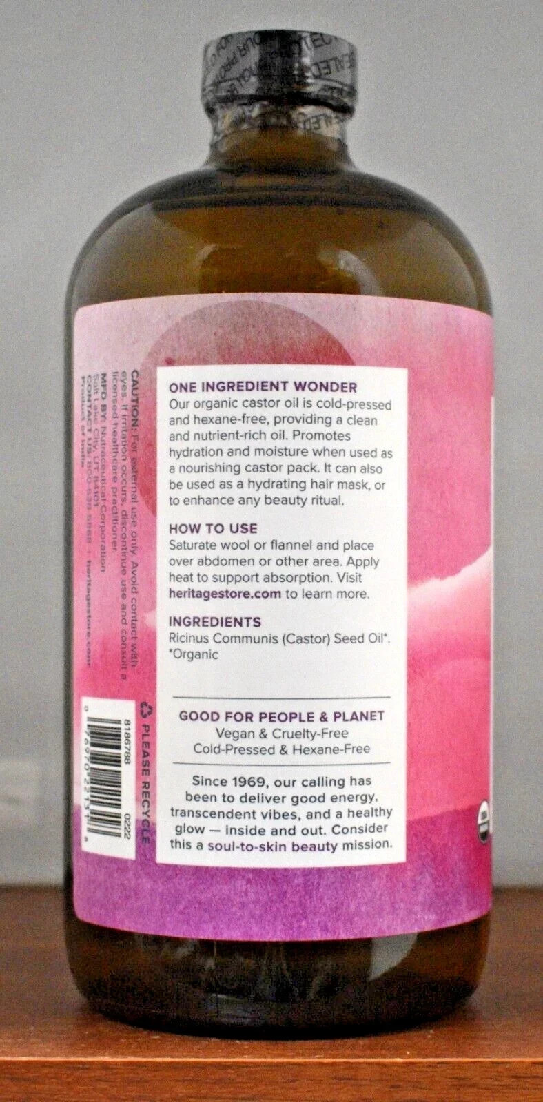 Heritage Store Organic Castor Oil – 32 fl oz (946 ml) – Glass Bottle – Pack of 2