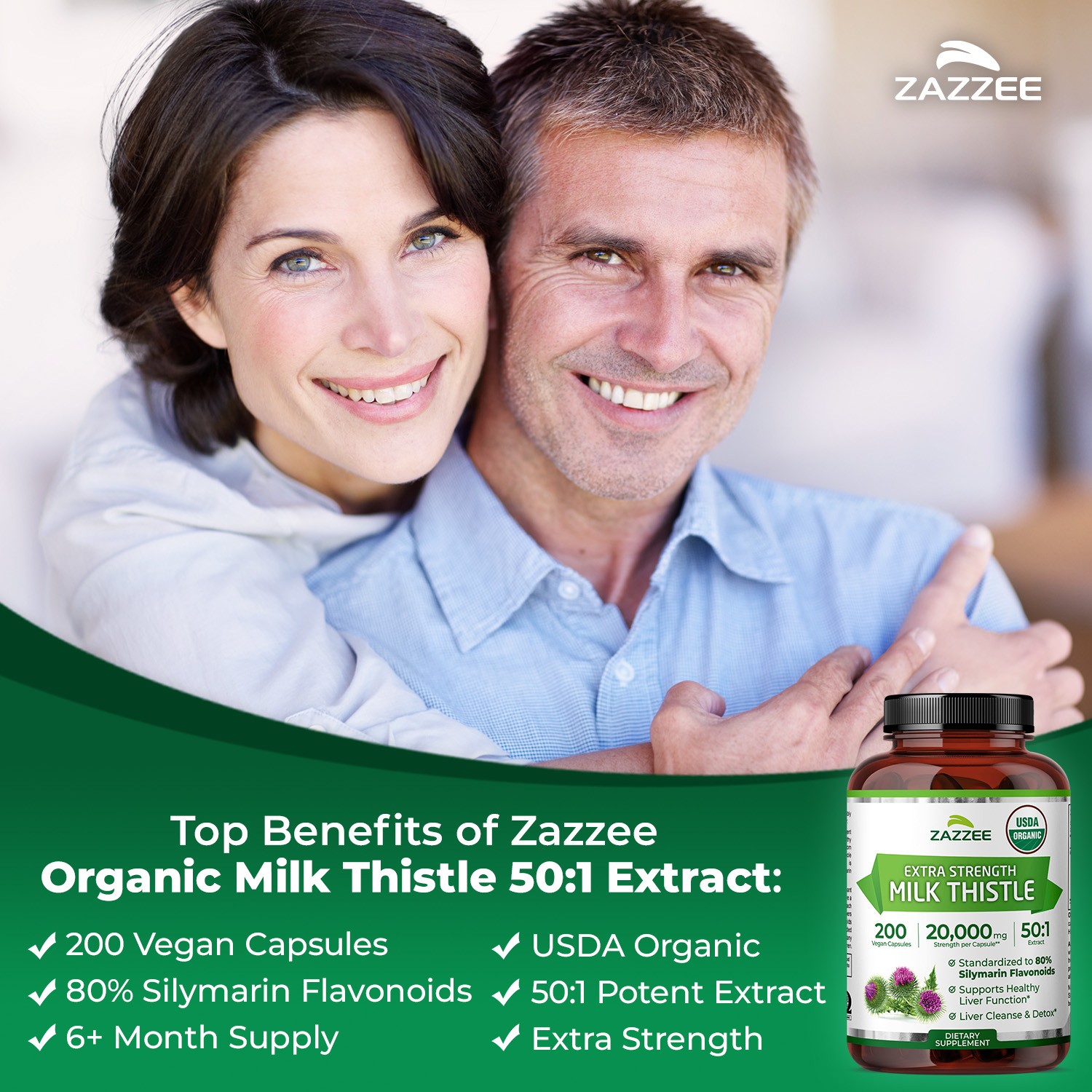 Zazzee Organic Milk Thistle Extract 20,000 mg Strength, 200 Vegan Capsules