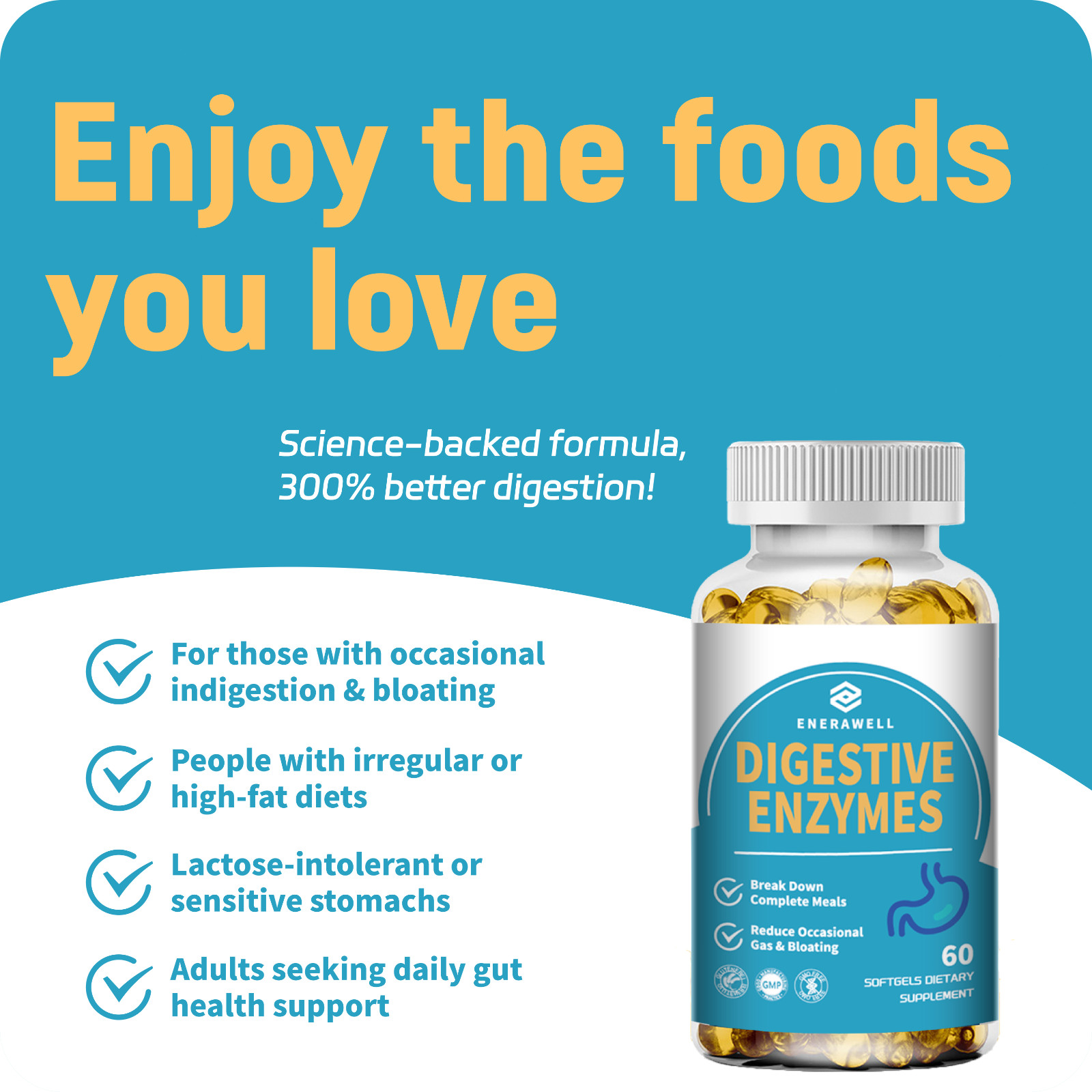 Digestive Enzymes w/ Prebiotic & Probiotics, Gas, Constipation & Bloating Relief