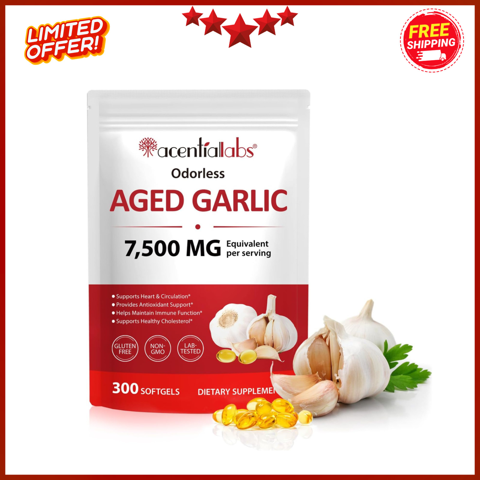 Odorless Garlic 7500Mg per Servings, 300 Softgels | 2 Years Aged Garlic Extra..