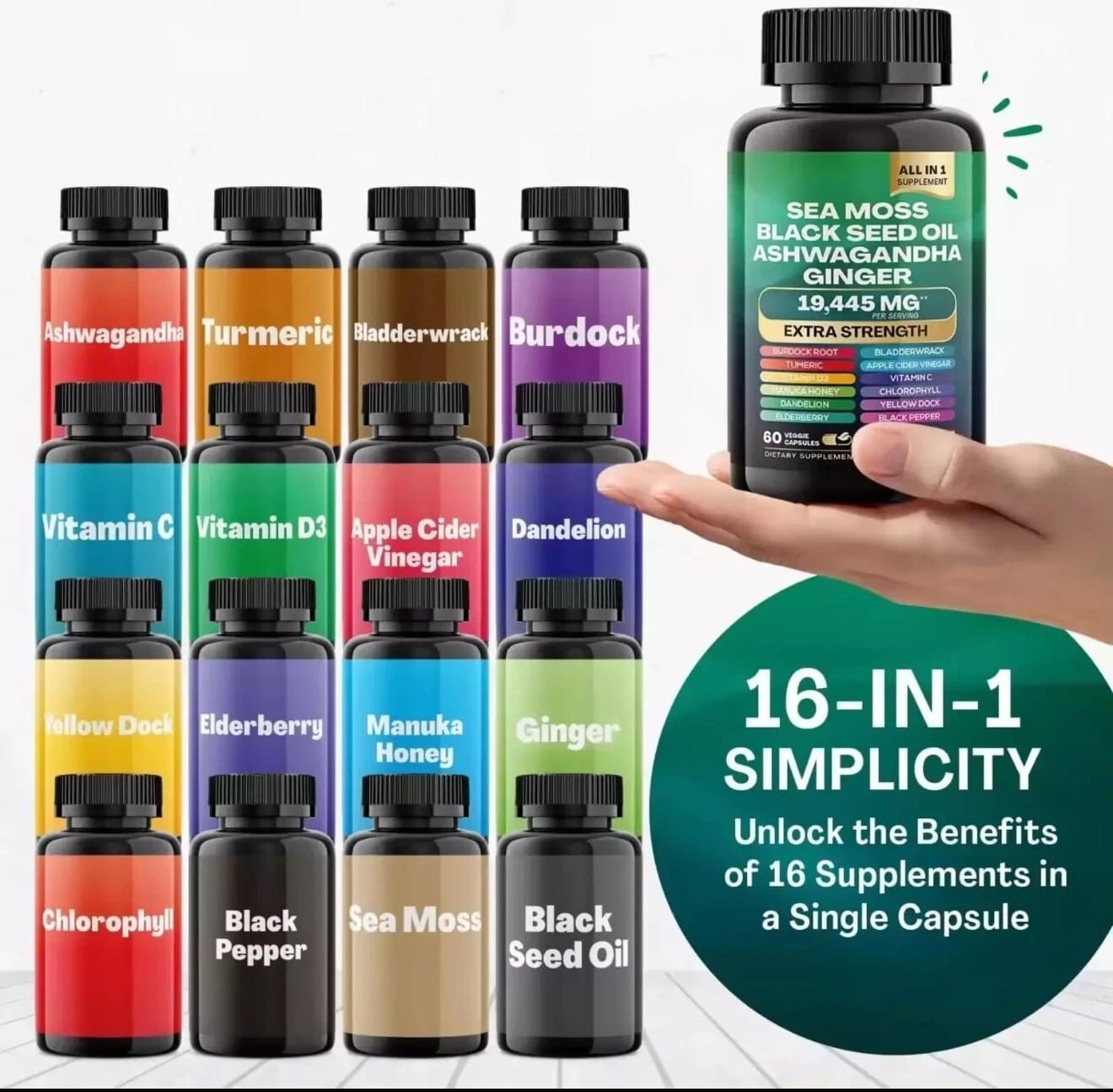 Sea Moss Black Seed Oil Ashwagandha Turmeric Ginger 16-in-1 Multivitamin 60Ct US