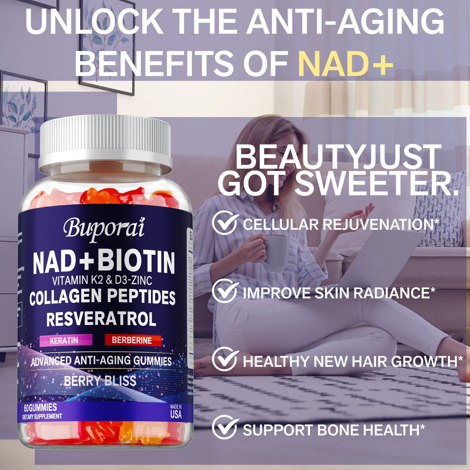 NAD+ Biotin – Resveratrol,Collagen – Promotes Healthy Hair, Nail Growth,and Skin