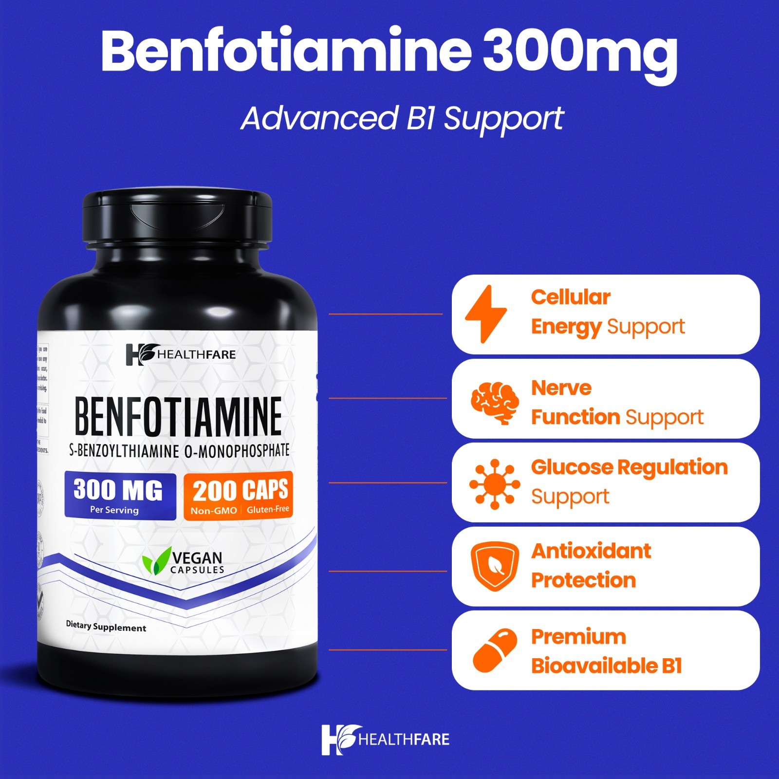 Benfotiamine 300mg 200 Veg Capsules Fat Soluble Thiamine Vitamin B1 HealthFare