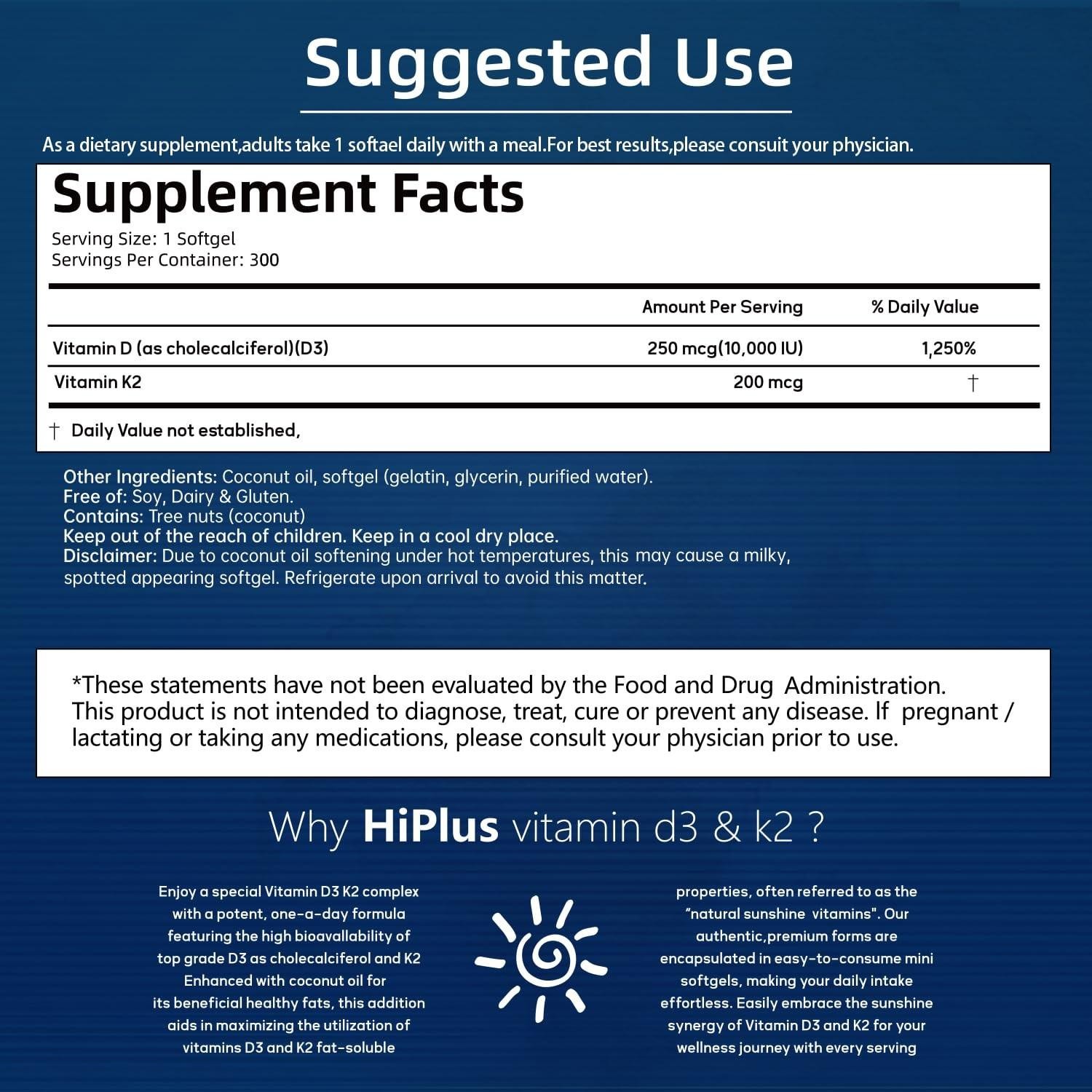 Hiplus Vitamin D3 10,000 Iu + K2 200 Mcg, 300 Softgels 300 Count (pack of 1)