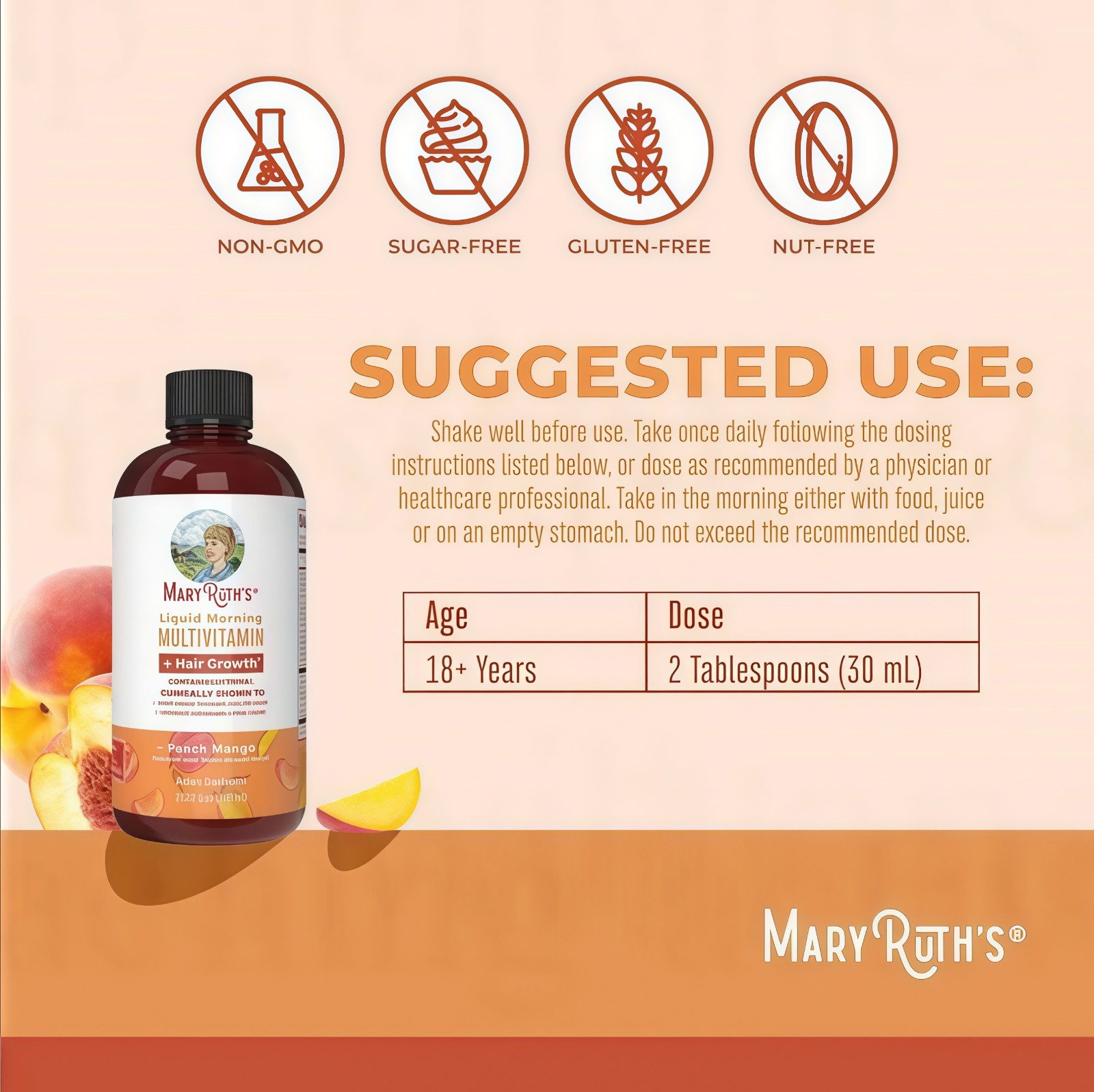 Mary Ruth’s Multivitamin + Hair Growth | 3 Pack | Peach Mango 15.22 oz brand…*
