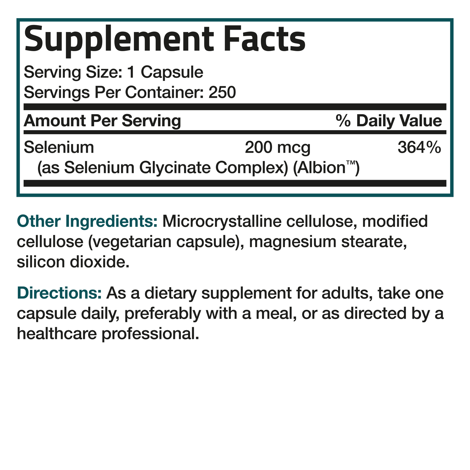 Selenium 200mcg Amino Acid Immune Support Trace Mineral Non-GMO, 250 Capsules