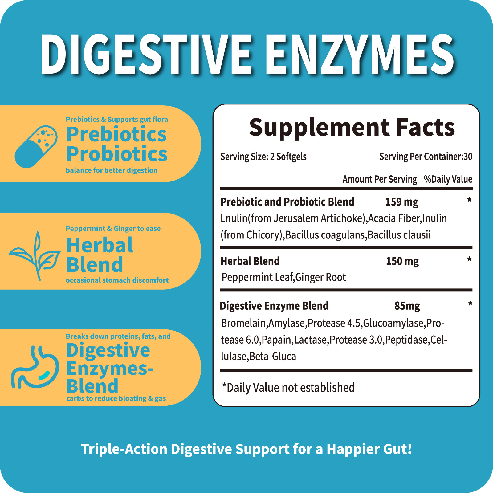 Digestive Enzymes w/ Prebiotic & Probiotics, Gas, Constipation & Bloating Relief
