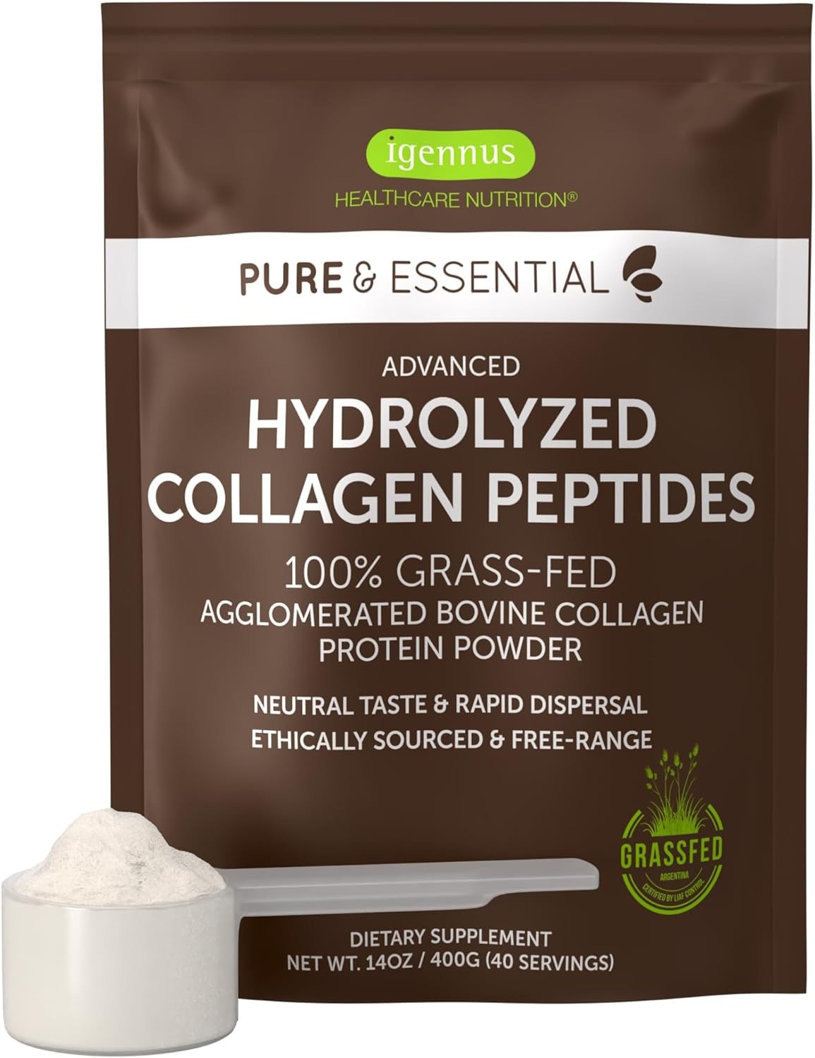Igennus Free Range Grass Fed Hydrolyzed Bovine Collagen Peptides, Neutral Taste,