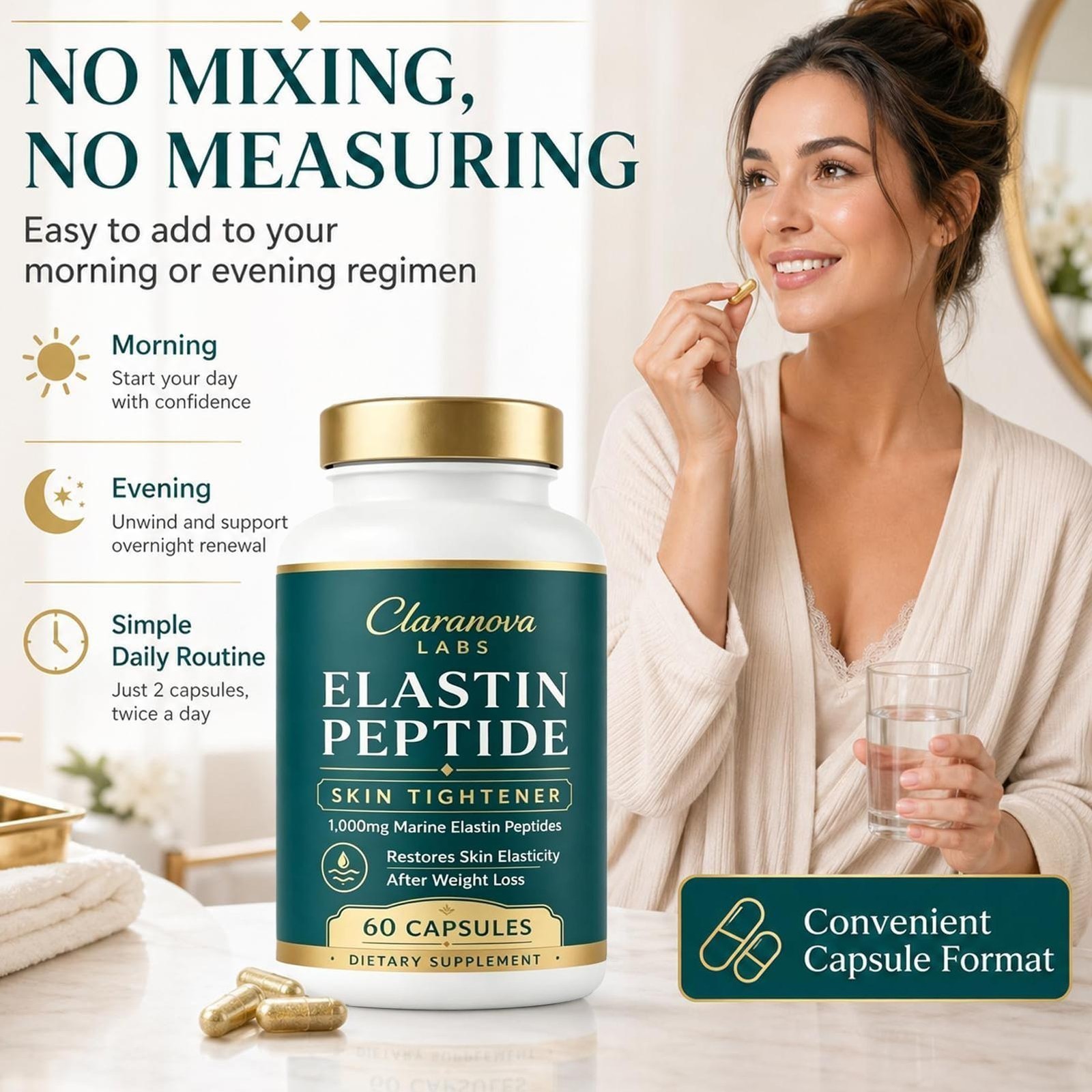 Claranova Labs Marine Elastin Peptides, Elastin Peptide Skin Tightening 60 Ct X3
