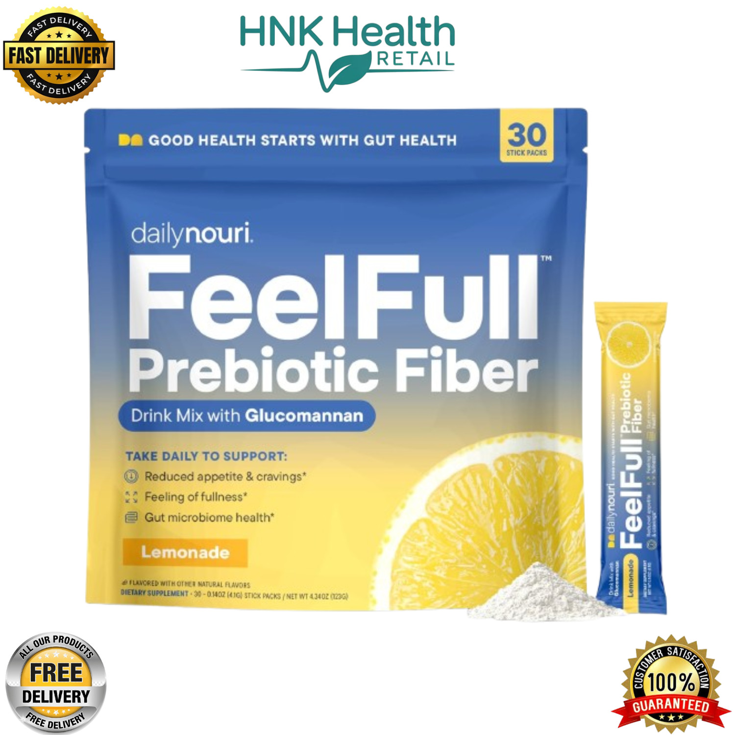 Daily Nouri FeelFull Prebiotic Fiber Drink Mix, Lemonade Flavor – 30 Stick Packs
