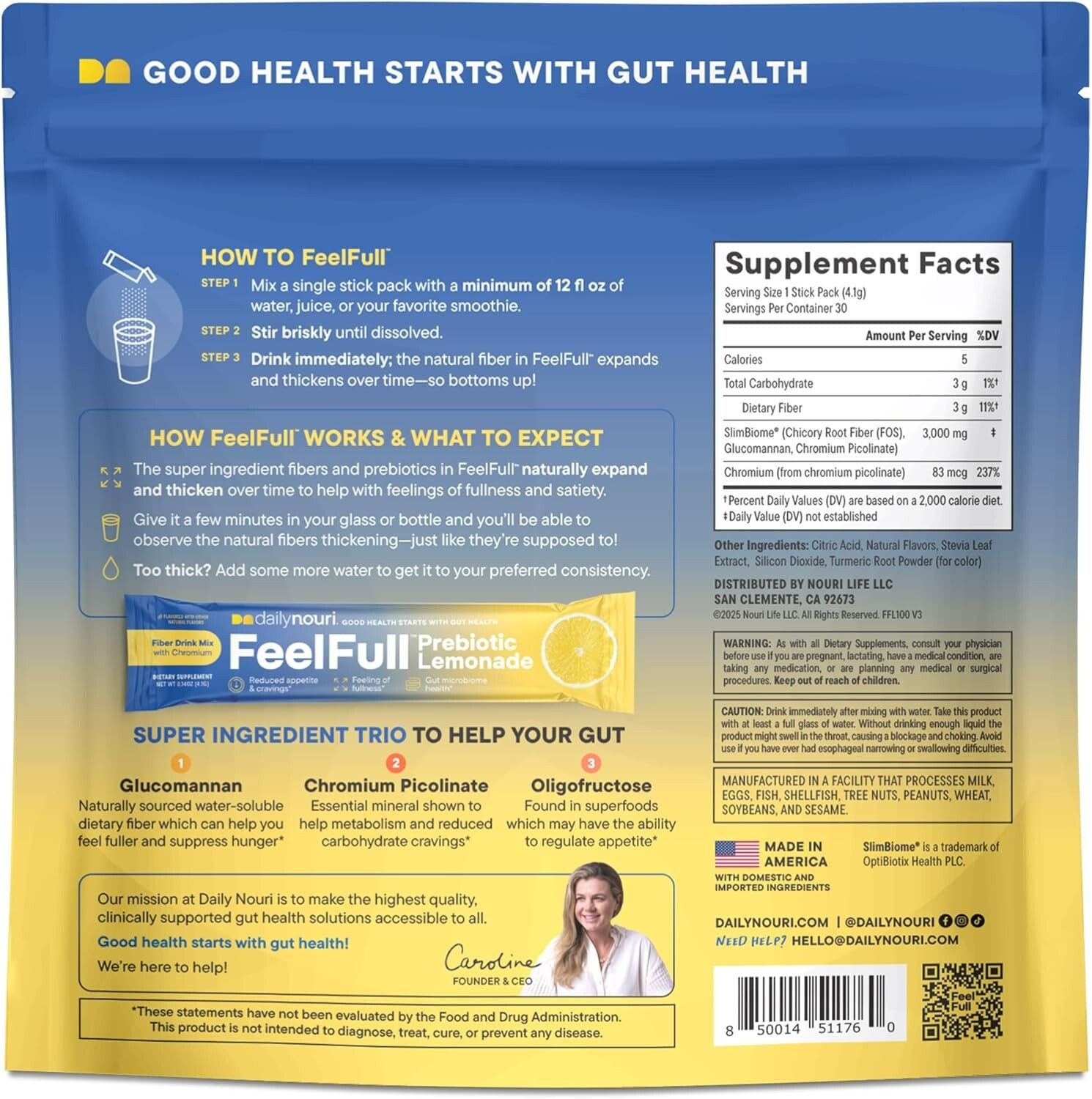 Daily Nouri FeelFull Prebiotic Fiber Drink Mix, Lemonade Flavor – 30 Stick Packs