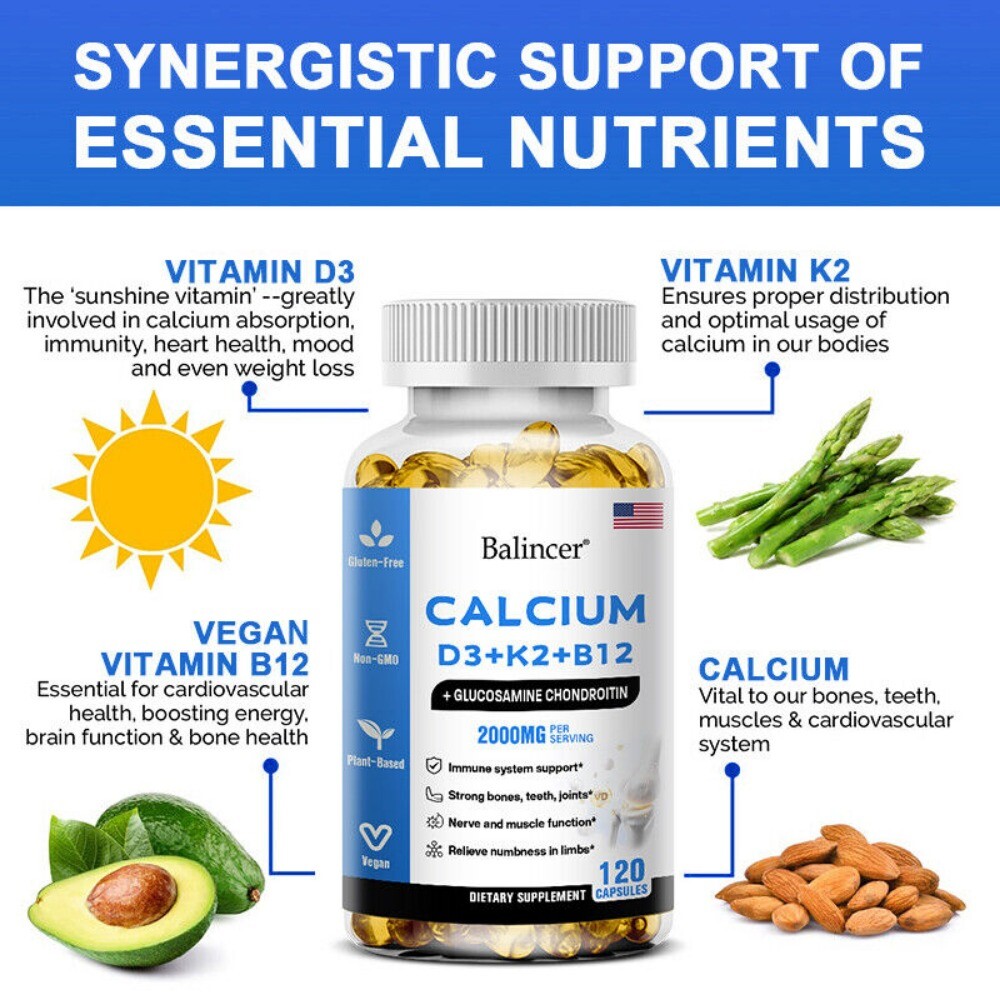 Calcium Capsules w/ D3+K2+B12 Support Bones Muscles Health Immune System 120Caps