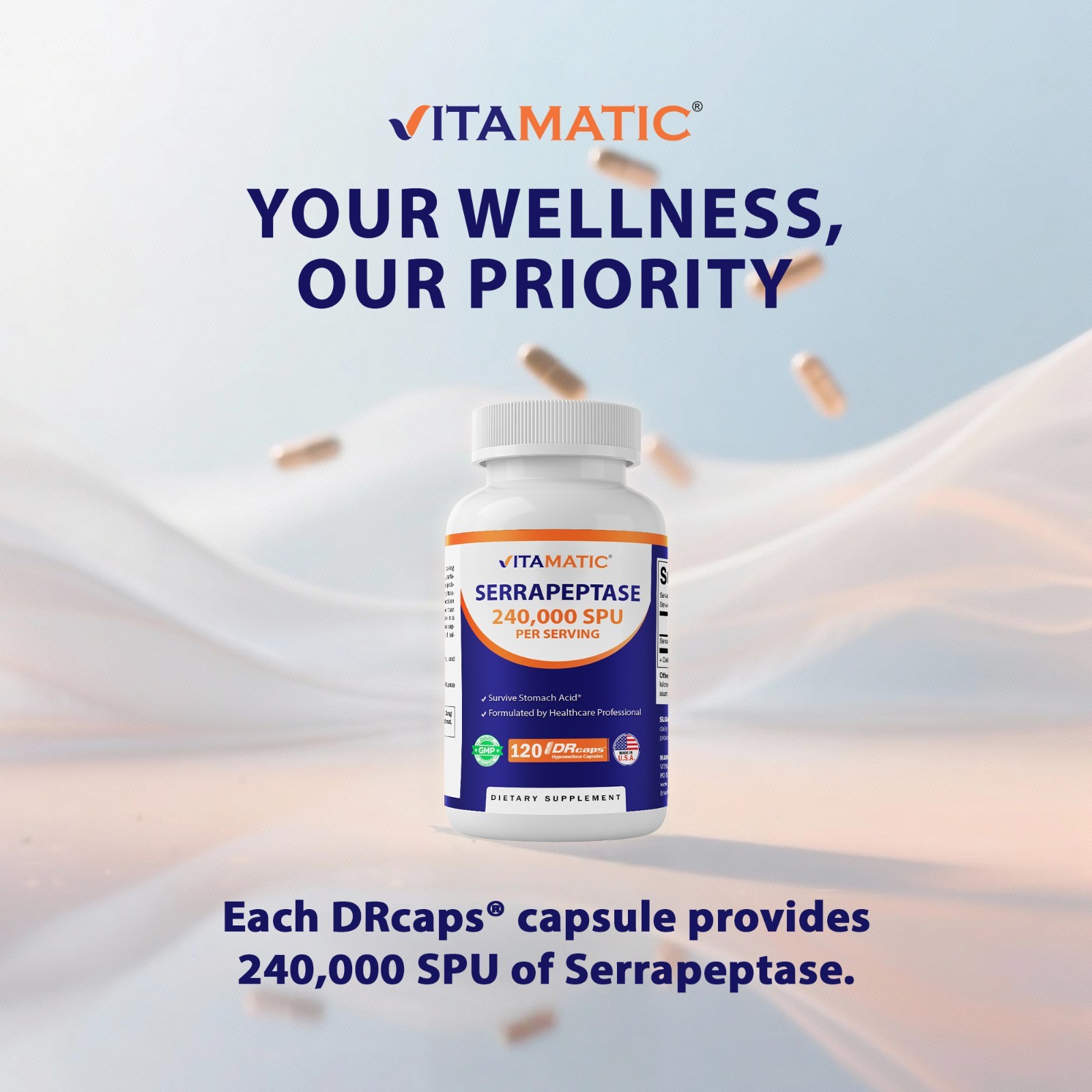 Vitamatic Serrapeptase 240,000 SPU Servings, 120 Delayed Released Capsules-2 Pac