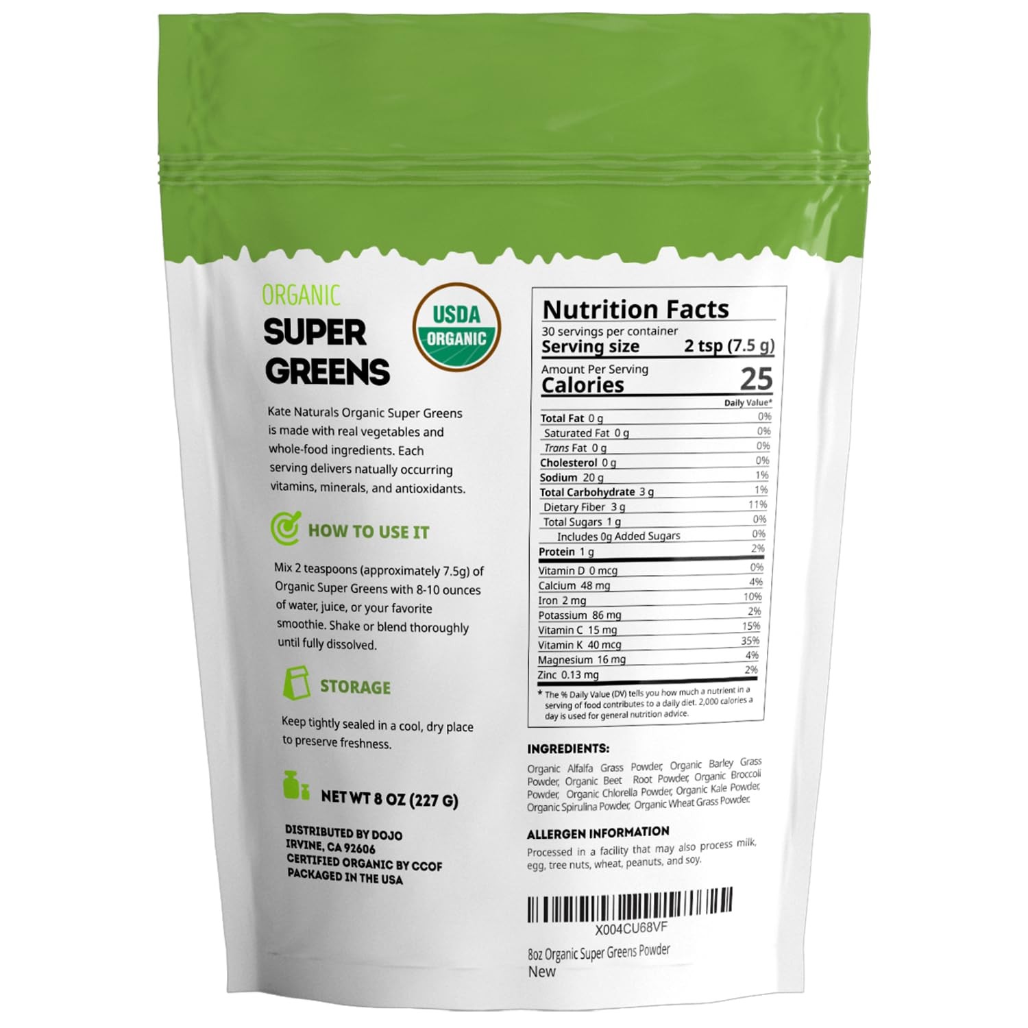 Kate Naturals Organic Super Greens Powder. Daily 8 Ounce (Pack of 1)