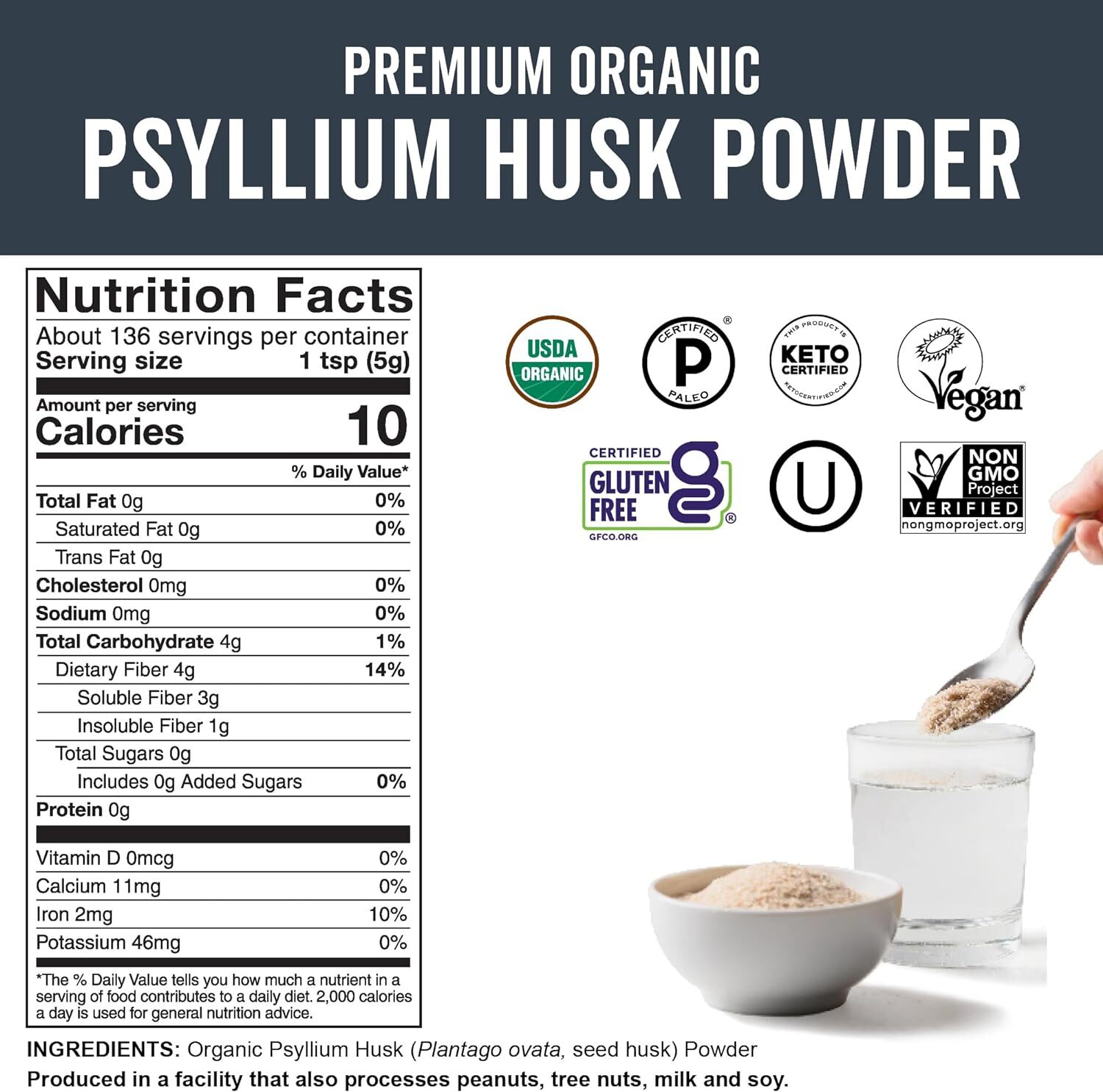 Organic Psyllium Husk Powder, 24 Oz – Finely Ground, Unflavored Pl