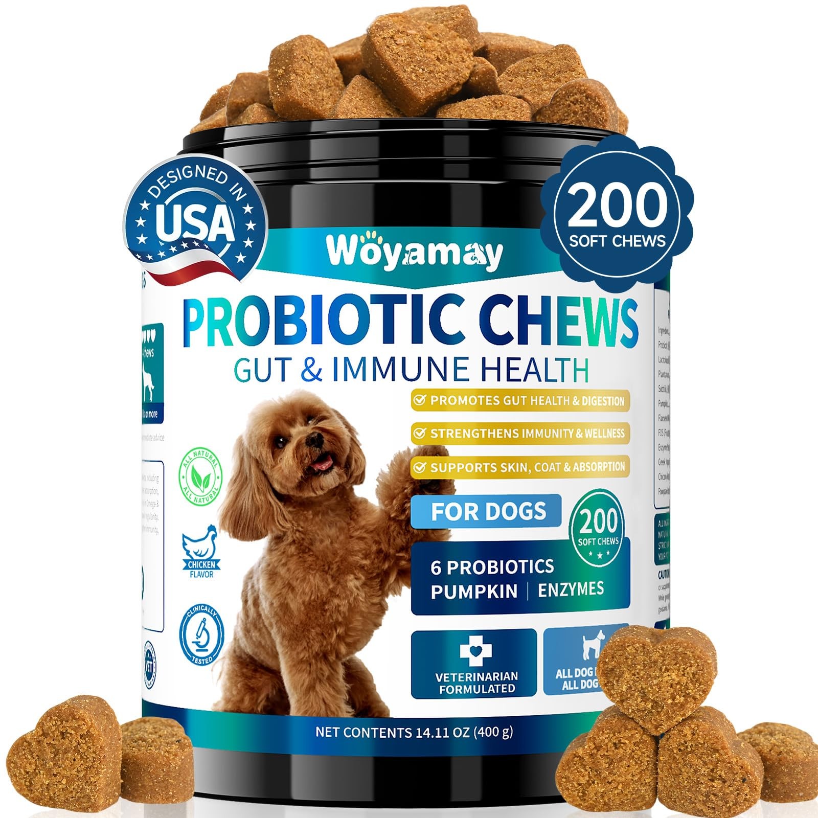 Woyamay Dog Probiotic for Dogs, 200 Soft Treats Probiotics Brown