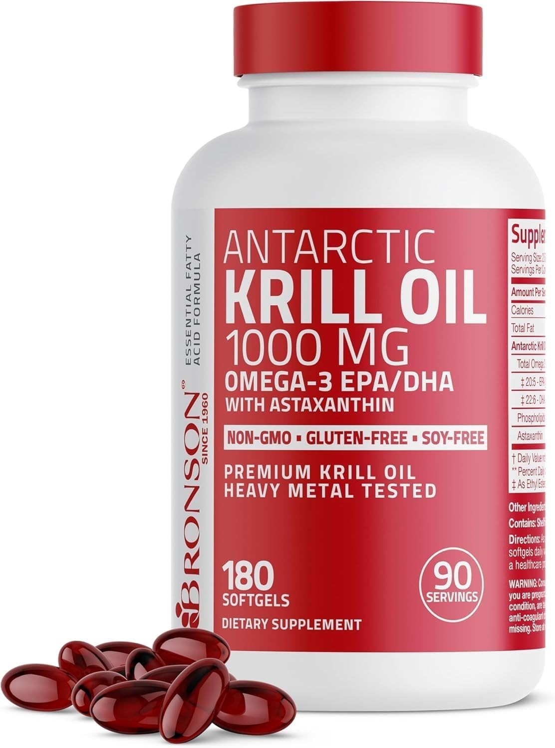 1000 mg Antarctic Krill Oil with Astaxanthin, 180 Softgels – Non-GMO & Soy Free