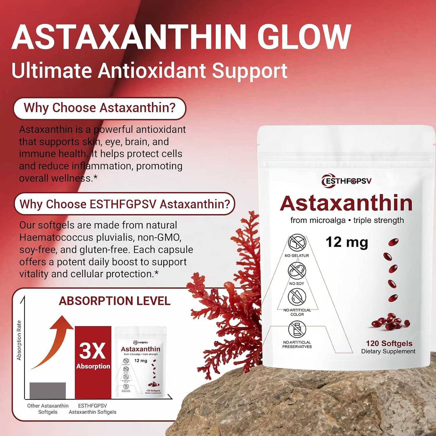 Astaxanthin 12mg 240 Softgels, 4 Month Supply,Triple Strength,Non-GMO,Eye Health