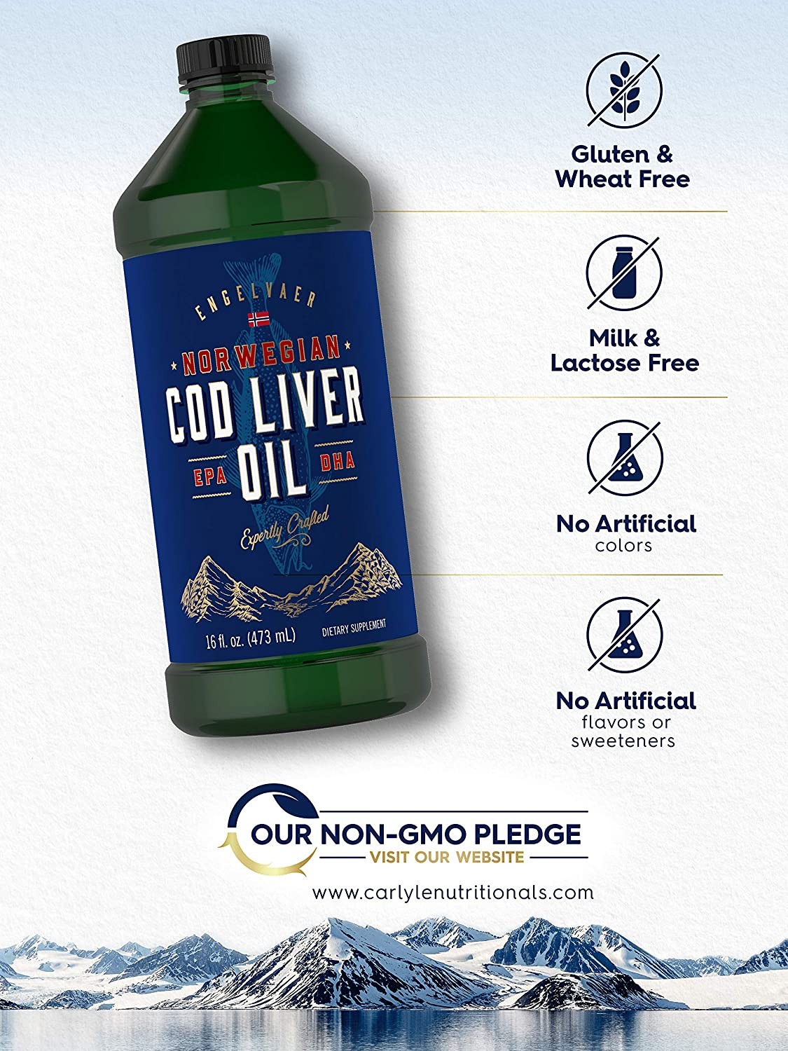 Cod Liver Oil Norwegian 16 fl oz 3 Bottles | Non-GMO, Gluten Free | by Carlyle