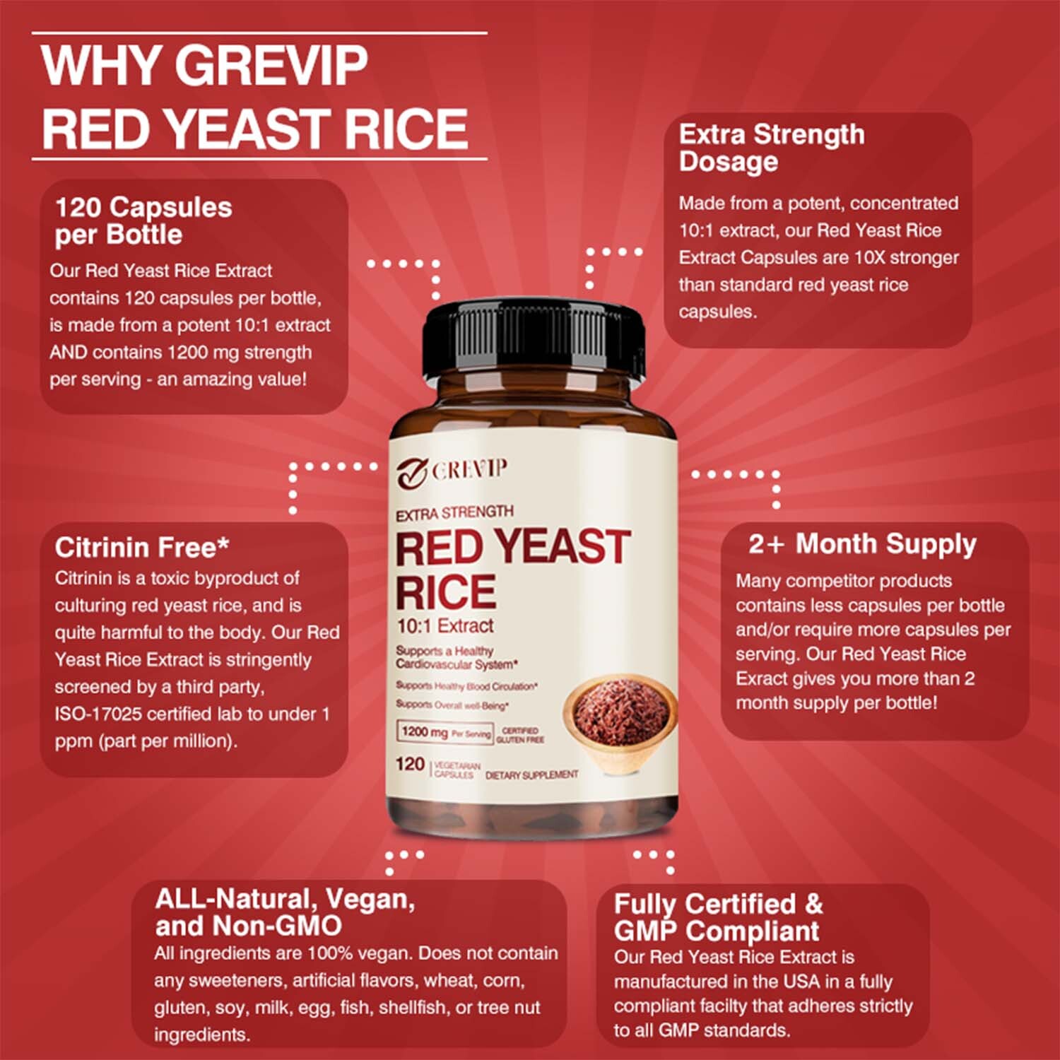 120pcs Red Yeast Rice Capsules 1200mg – Cardiovascular Health, Lower Cholesterol