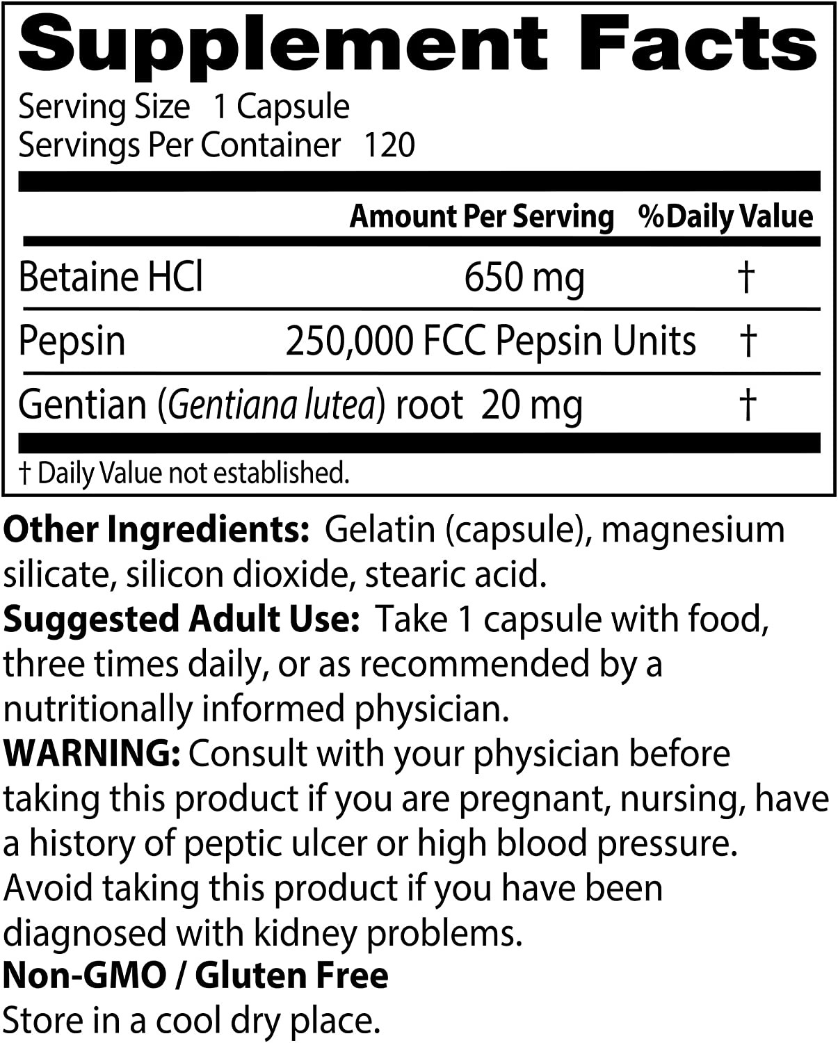 Betaine HCI Pepsin & Gentian Bitters, Digestive Enzymes, 120 Caps, (DRB-00163)