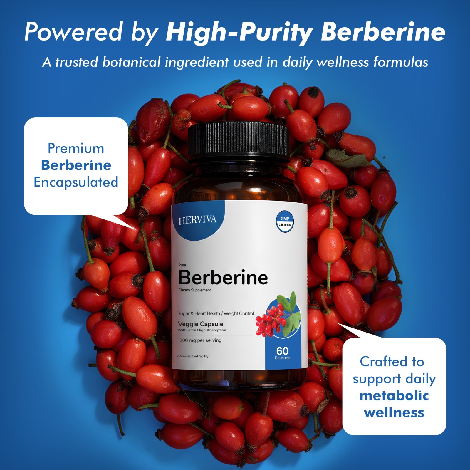 Pure Berberine 1200mg Supplement – 60 Vegan Capsules | High Absorption Formula