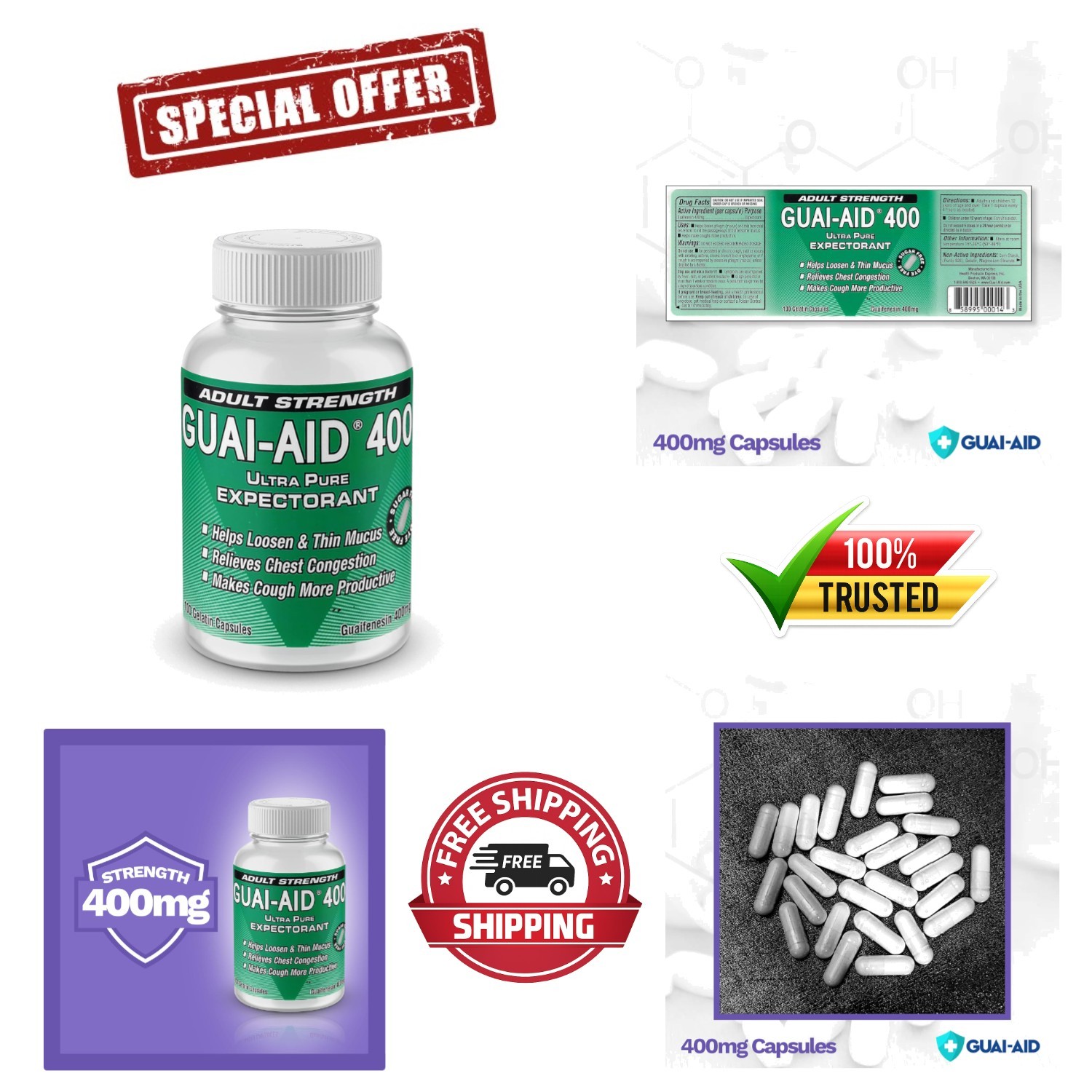 Ultra-Pure Guaifenesin Capsules – 400mg, 100 Count for Fast Allergy Relief