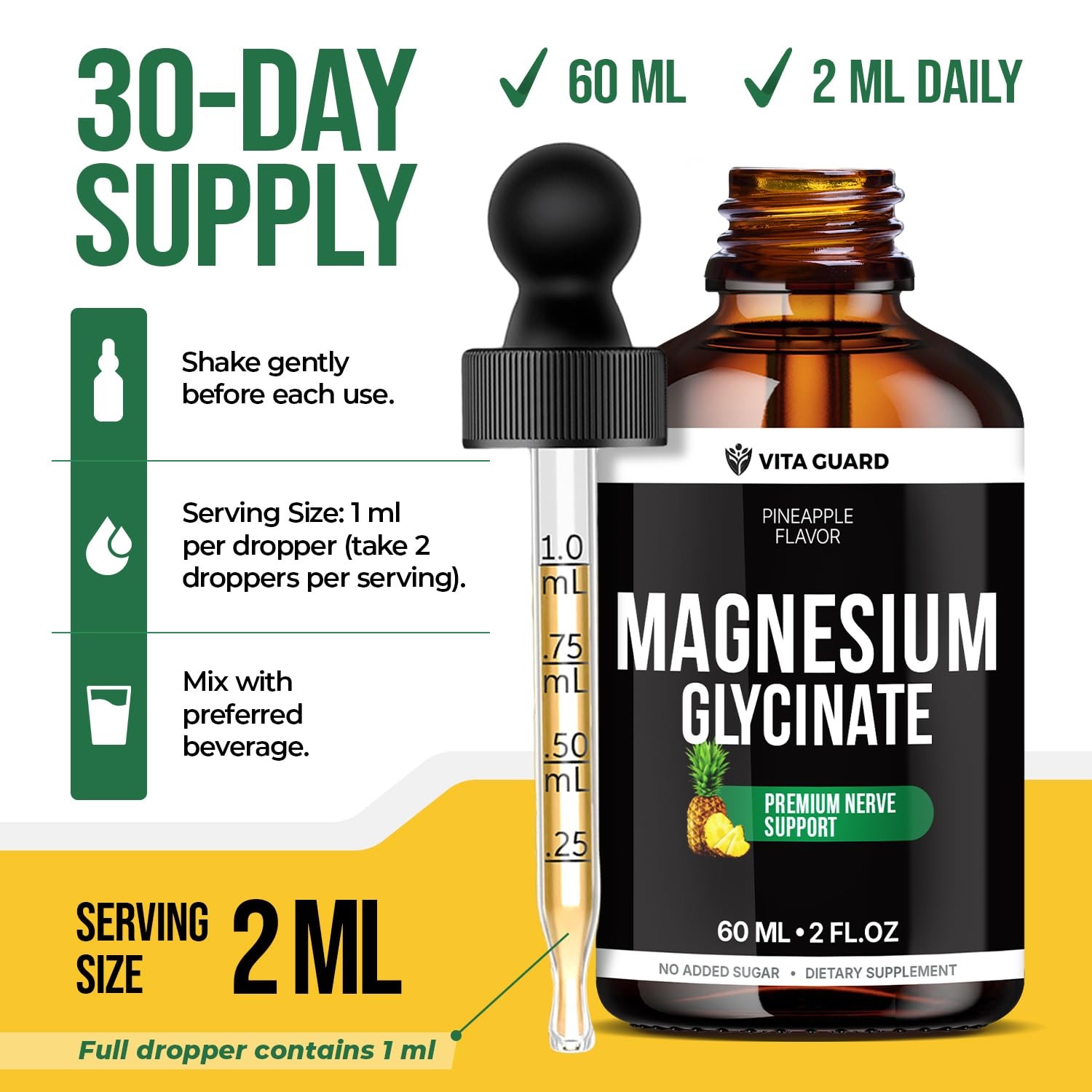Magnesium Glycinate 500mg Liquid Drops – Sugar-Free 2 Fl Oz (Pack of 1)