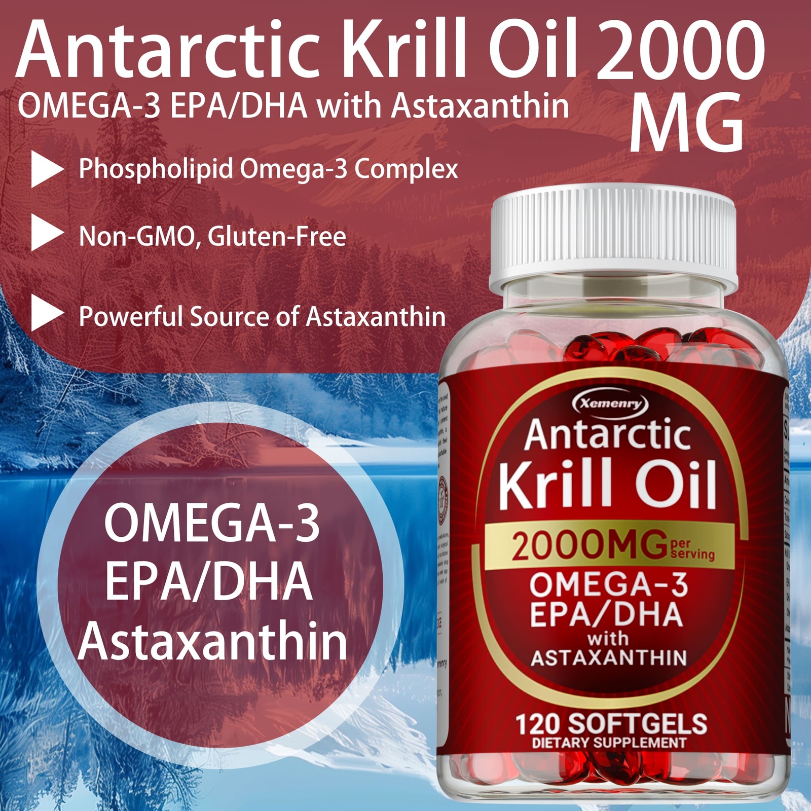Antarctic Krill Oil 2000mg – Omega-3,EPA, DHA, Astaxanthin,Heart and Skin Health