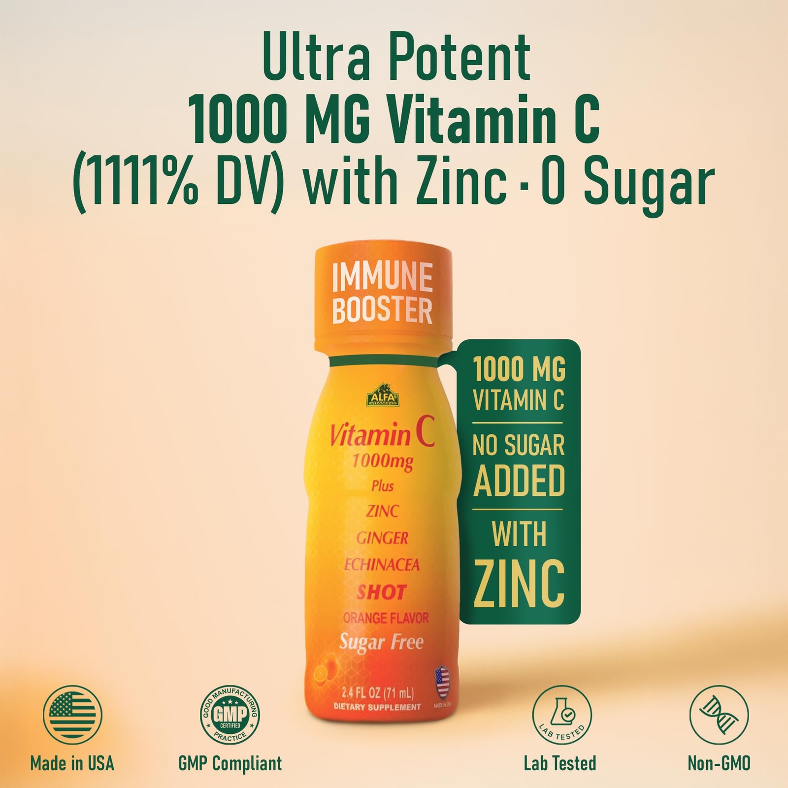 Vitamin C Shot 1000mg with Zinc, Ginger & Echinacea – 2.4 FL Oz Bottle – 20 Pack