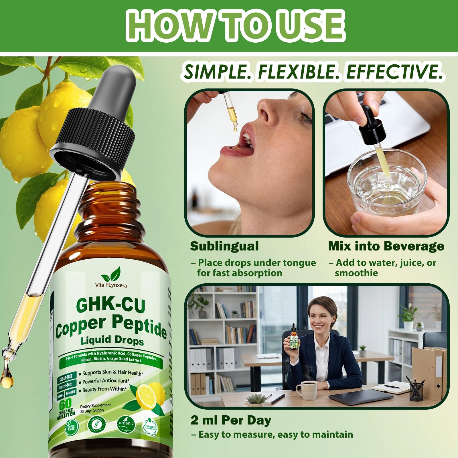 Vita PLynxera GHK-CU Peptide Supplement Liquid Drops, 2 Fl Oz (Pack of 1)