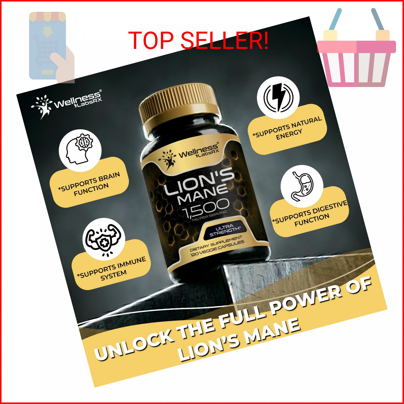 Lions Mane Supplement Capsules – 120 Count – Mushroom Supplement, Brain Suppleme